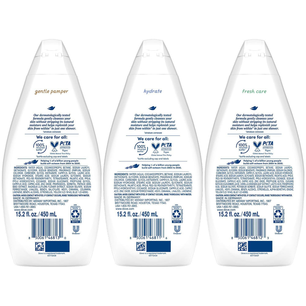 Dove Fresh Care bottle featuring a crisp, invigorating scent.