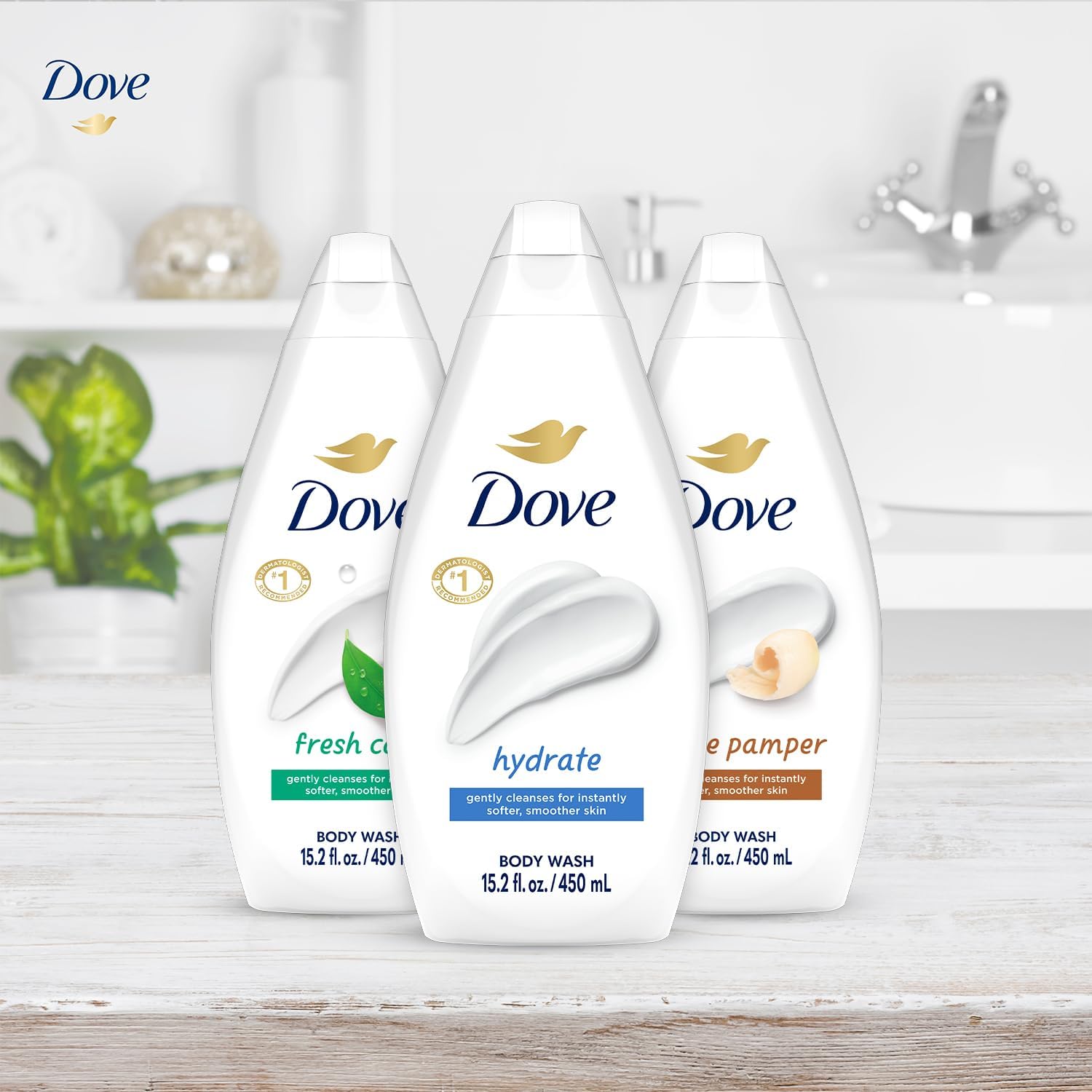 Dove Gentle Pamper bottle with creamy lather for sensitive skin.