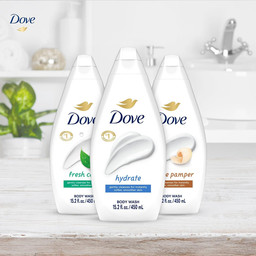 Dove Gentle Pamper bottle with creamy lather for sensitive skin.