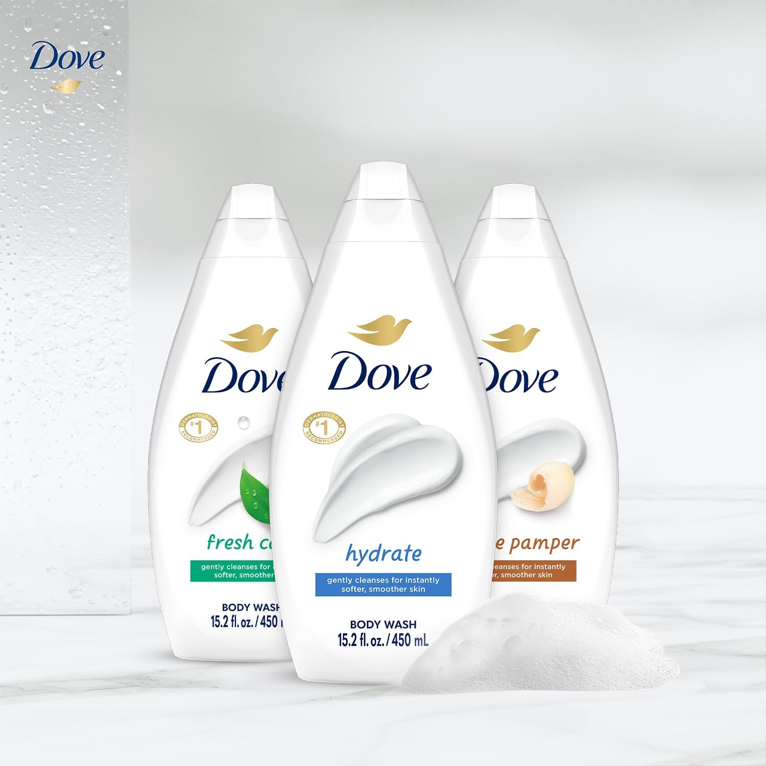 Dove Gentle Pamper suds close-up with soothing texture.