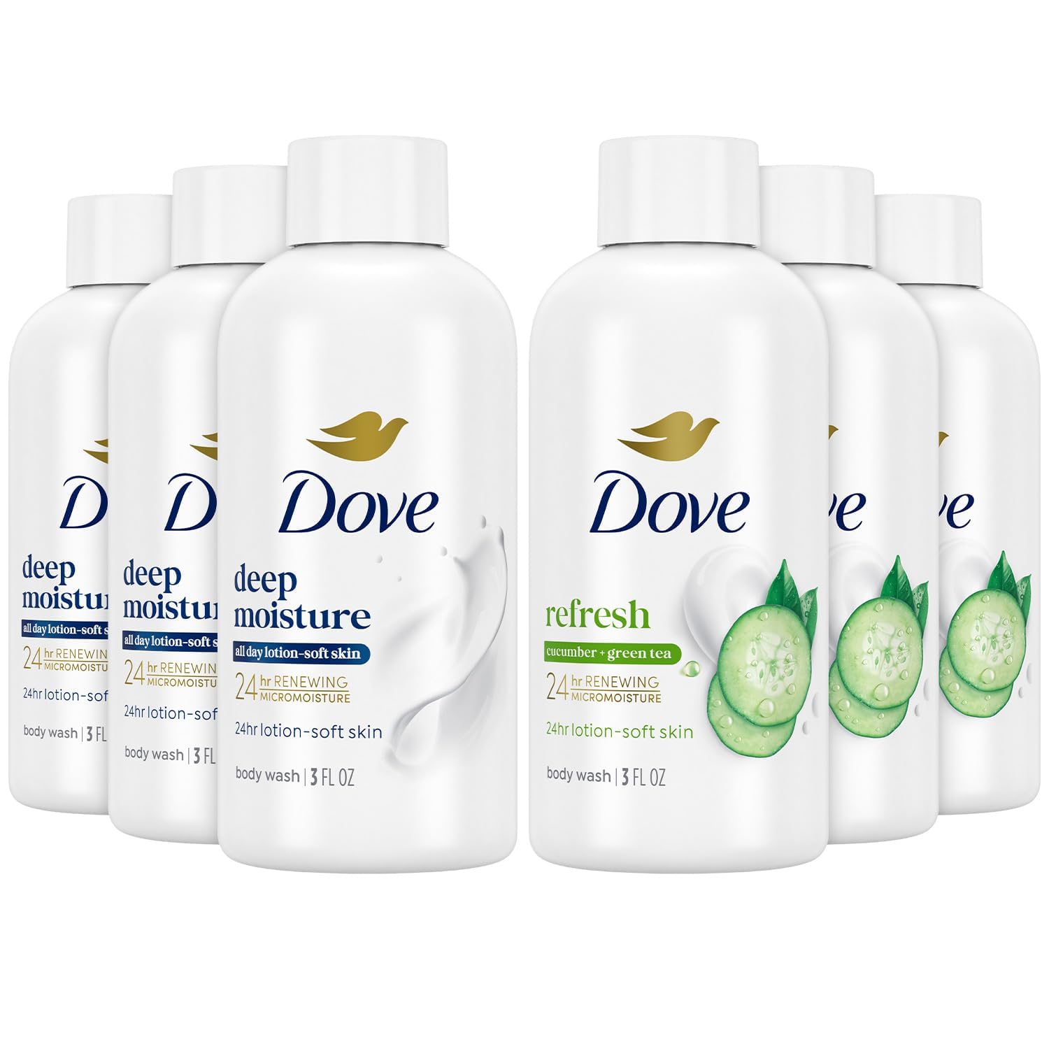 Dove body wash travel-size six-pack packshot showcasing on-the-go skin nourishment