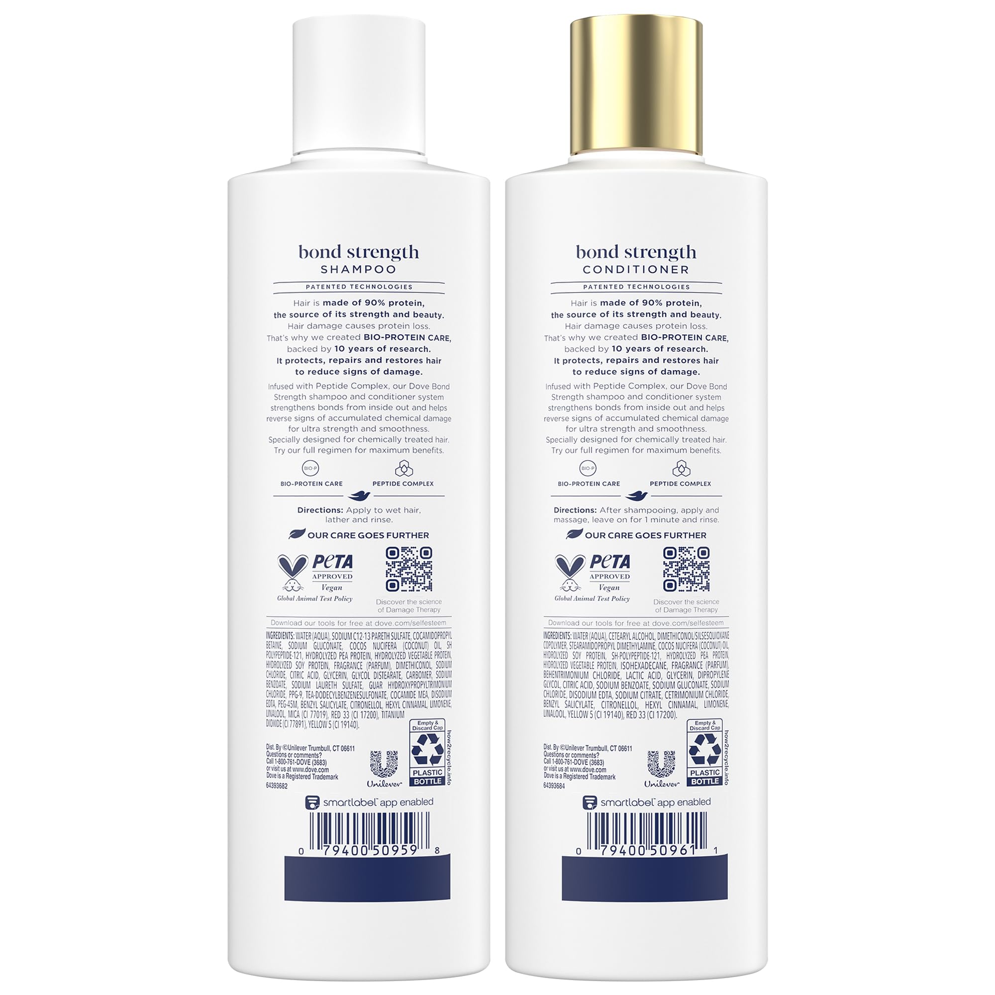 Dove Bond Strength Conditioner bottle front highlights smoothing, fortifying formula for resilient hair