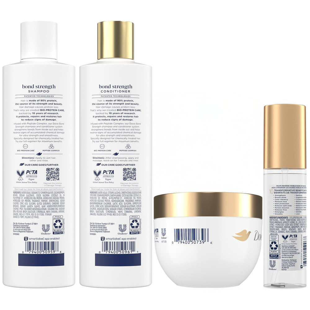 Dove Bond Strength Conditioner bottle highlights smoothing and frizz reduction for daily wear.