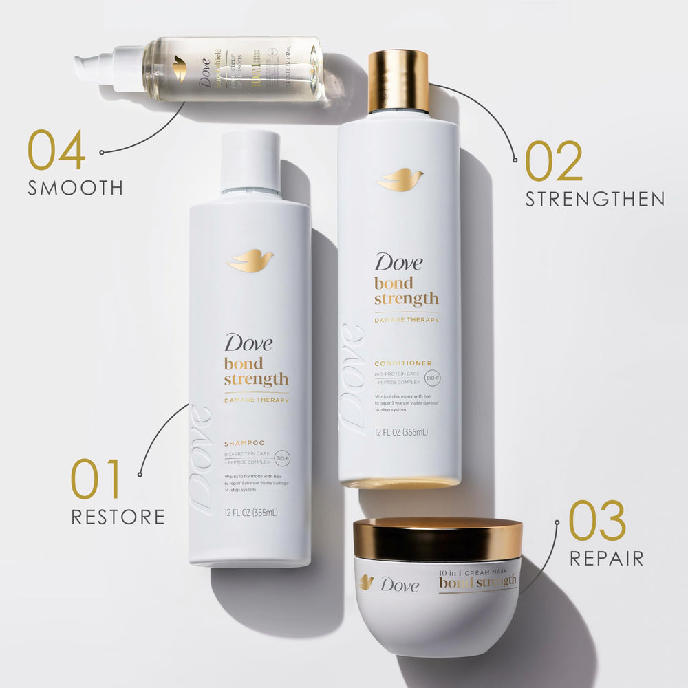 Close-up of Dove Bond Strength mask label highlighting peptide complex benefits