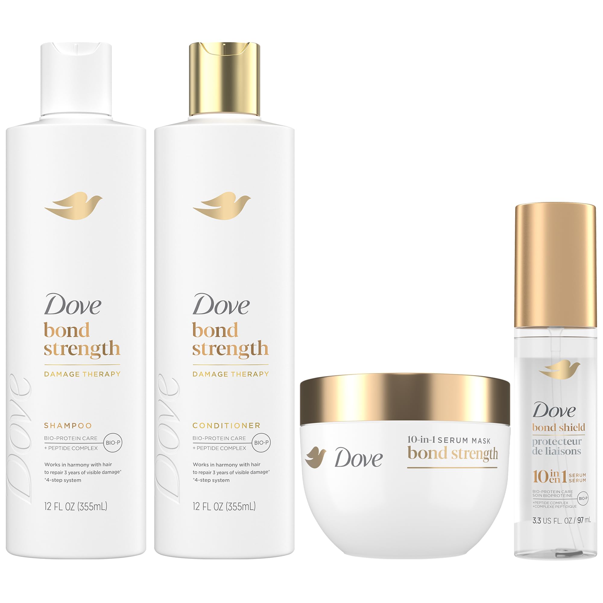 Dove Bond Strength Shampoo pour shows cleansing with bond repair support for damaged hair.