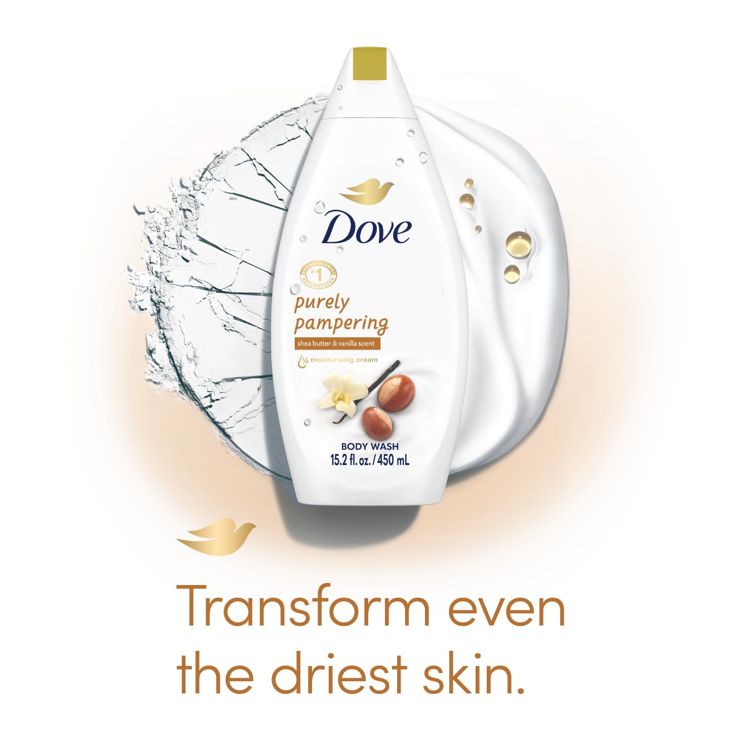 Dove bottle close-up showing nourishing skin-friendly formula.