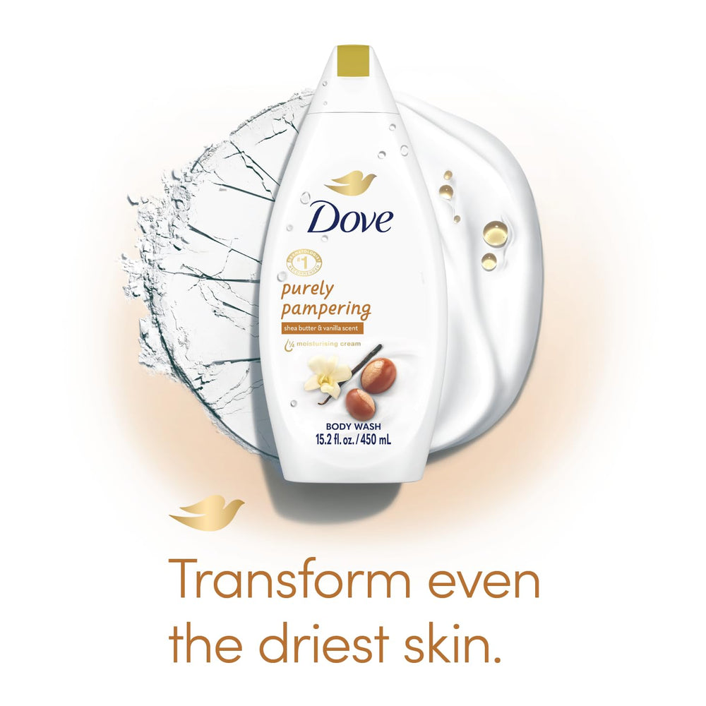 Dove bottle close-up showing nourishing skin-friendly formula.