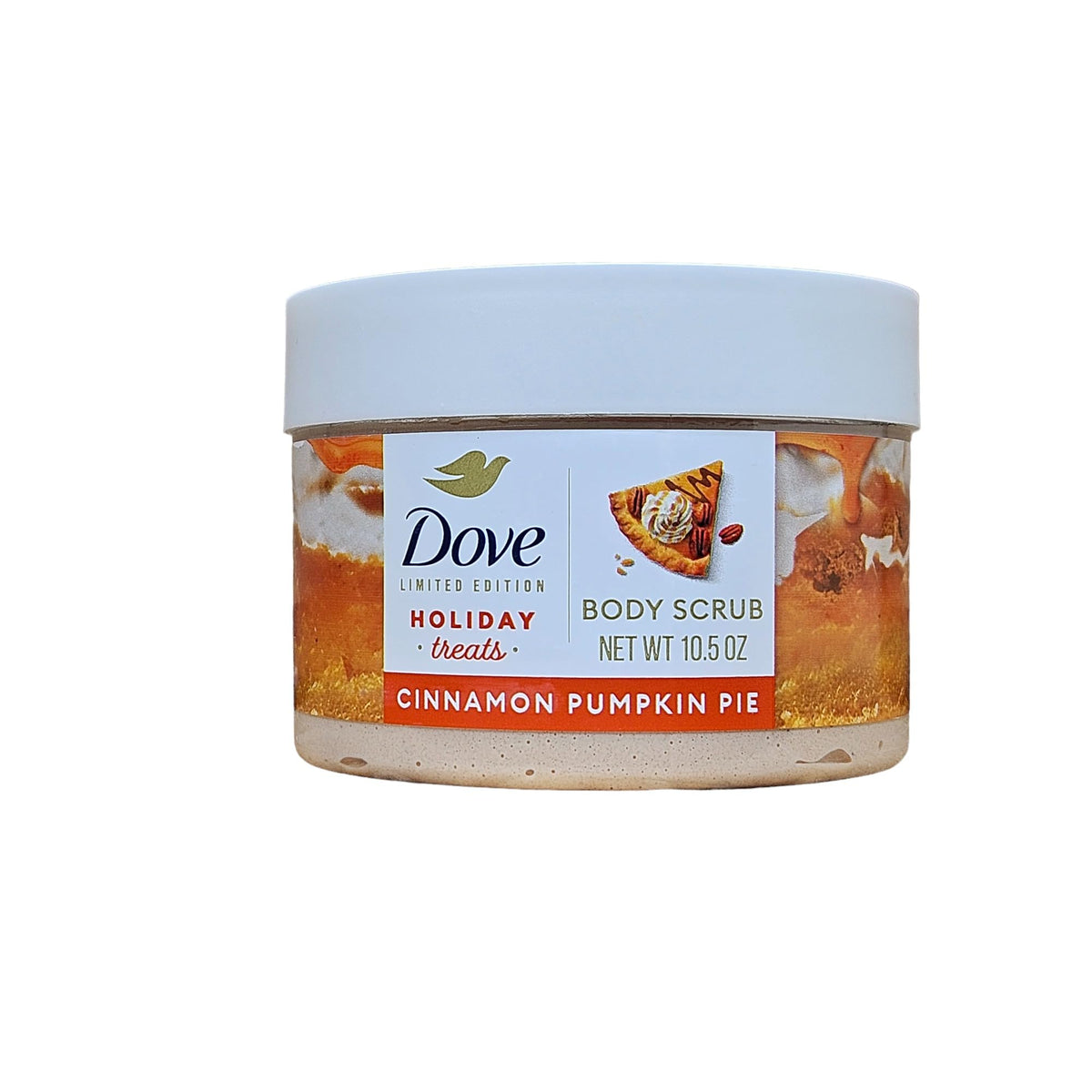 Dove Cinnamon Pumpkin Pie Body Scrub jar close-up highlighting creamy exfoliation and nourishment.