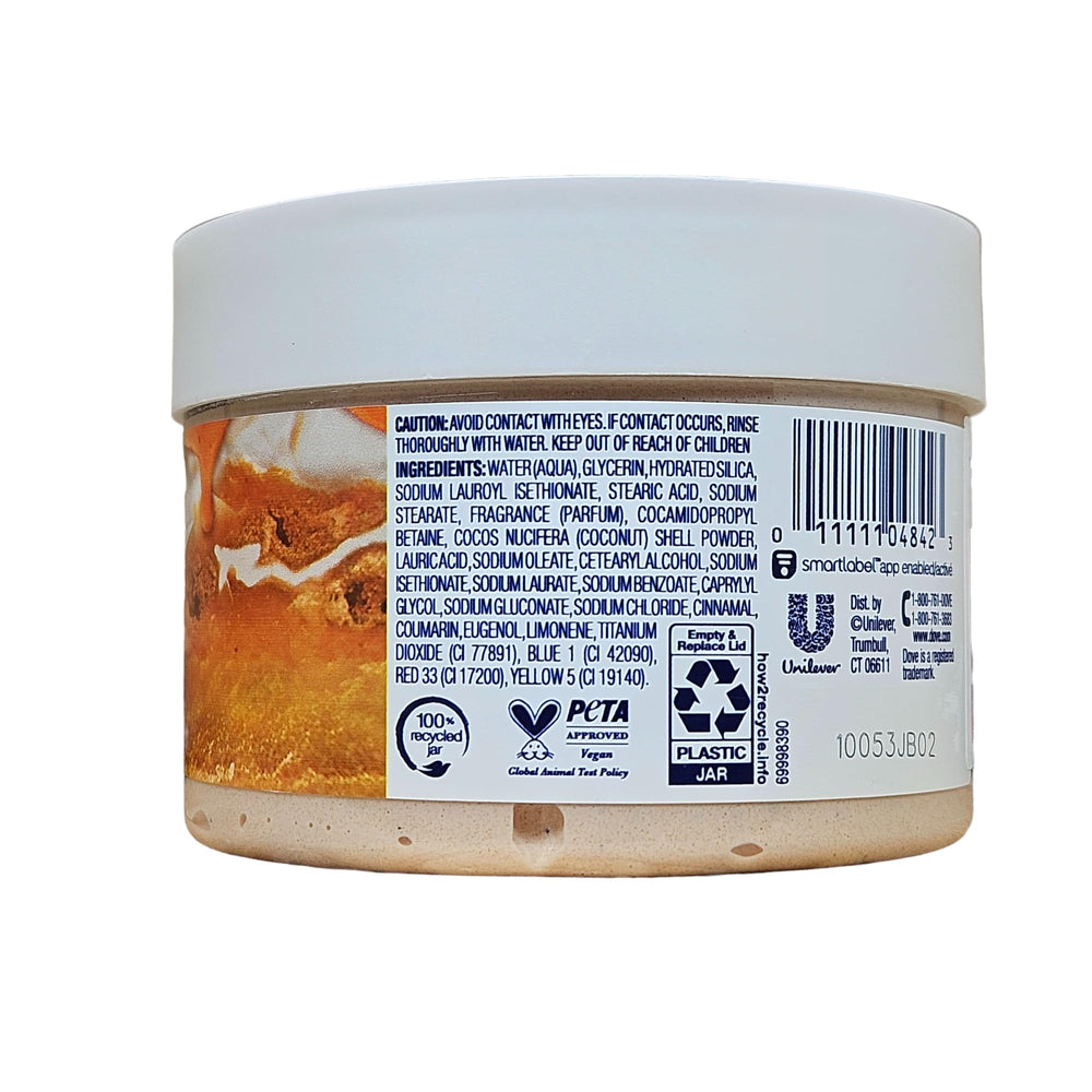 Dove Cinnamon Pumpkin Pie Body Scrub packaging image emphasizing Limited Edition holiday treat.