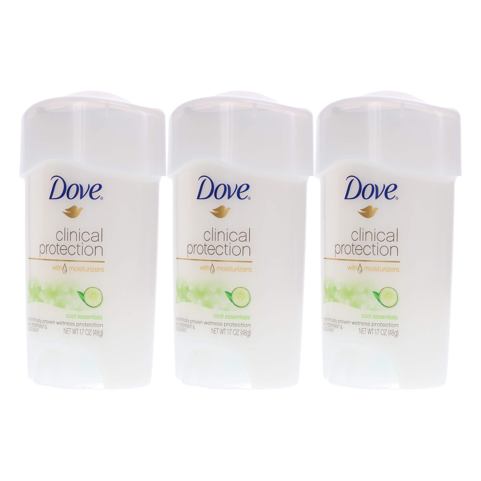 Dove Clinical Protection Cool Essentials deodorant tube front highlights 24-hour protection and a cooling scent.