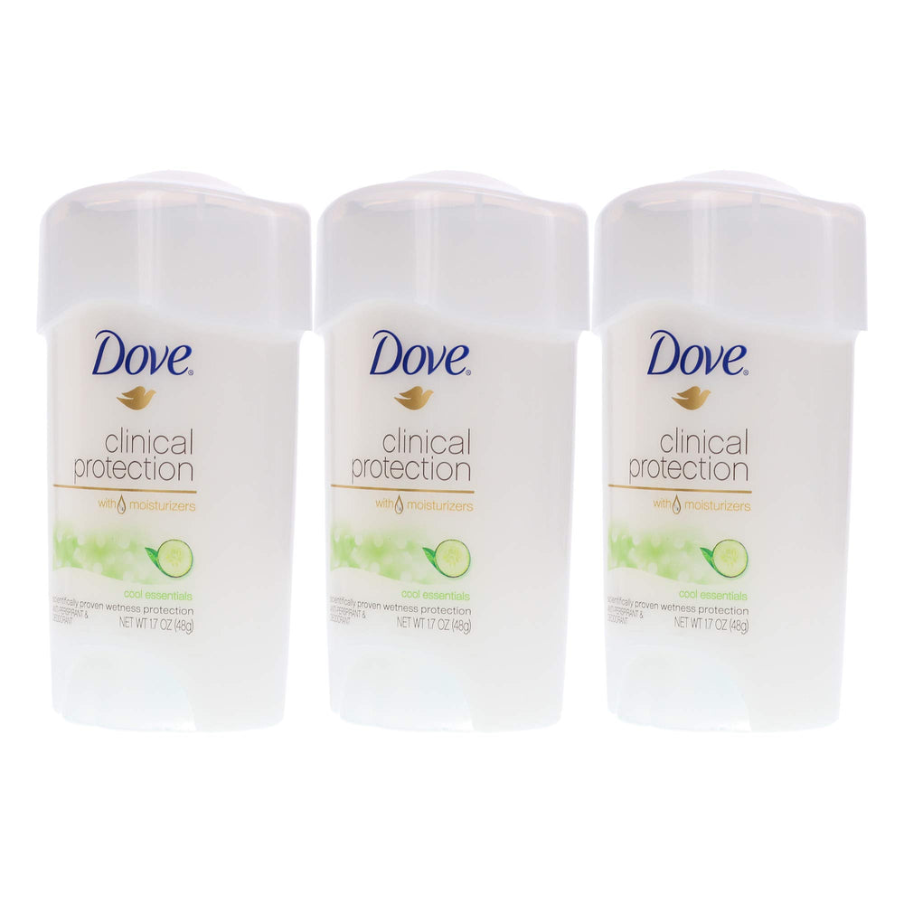 Dove Clinical Protection Cool Essentials deodorant tube front highlights 24-hour protection and a cooling scent.