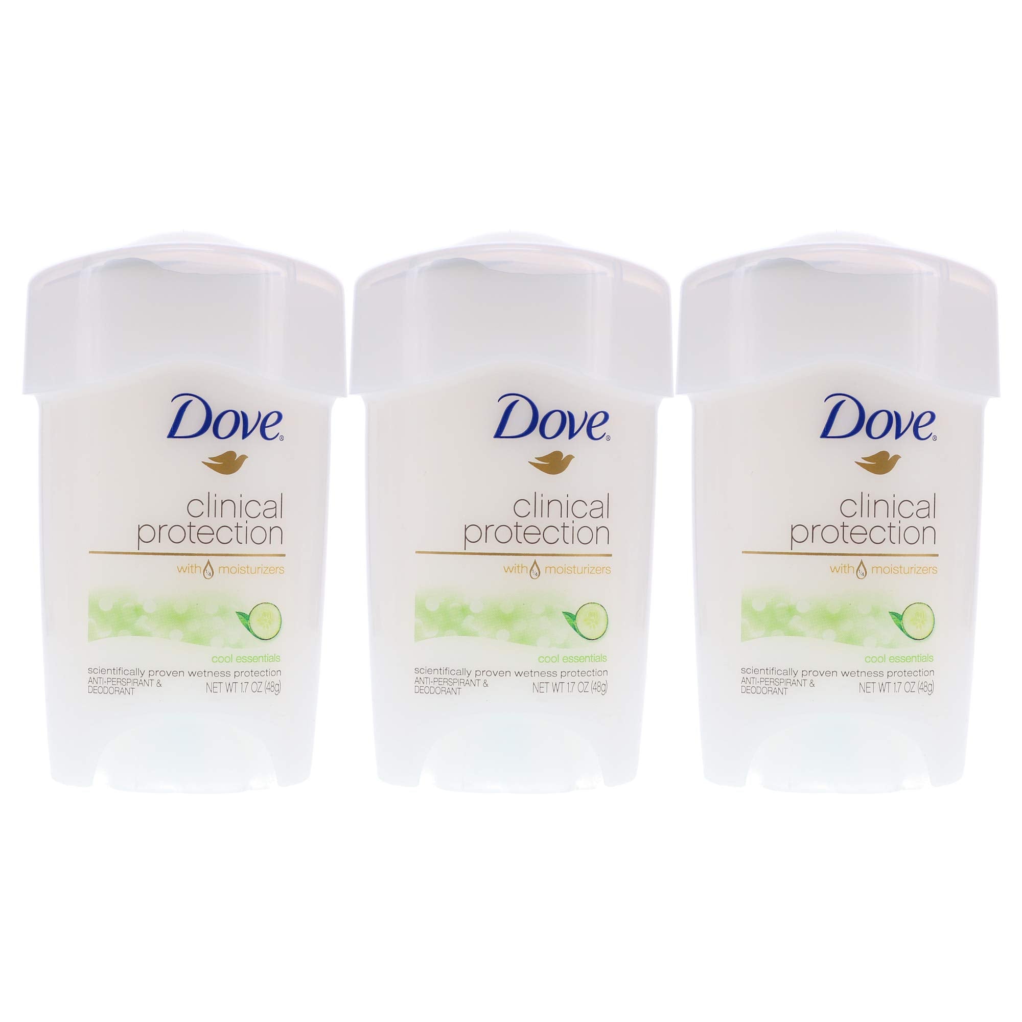 Dove Clinical Protection Cool Essentials pack shot shows three-pack for long-lasting protection.