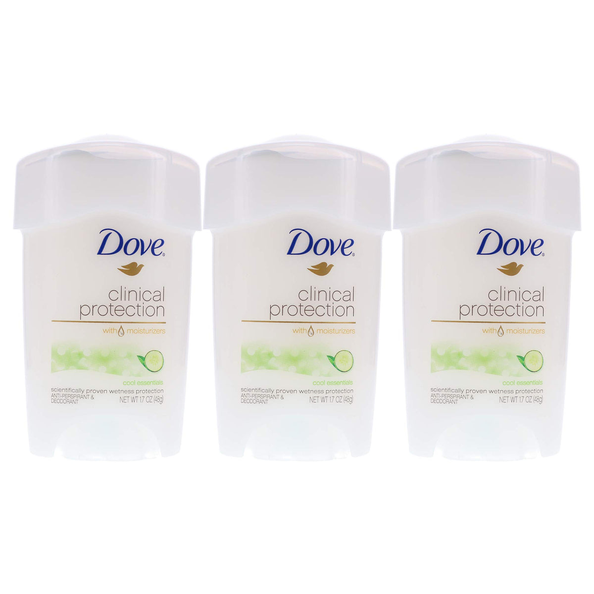 Dove Clinical Protection Cool Essentials pack shot shows three-pack for long-lasting protection.