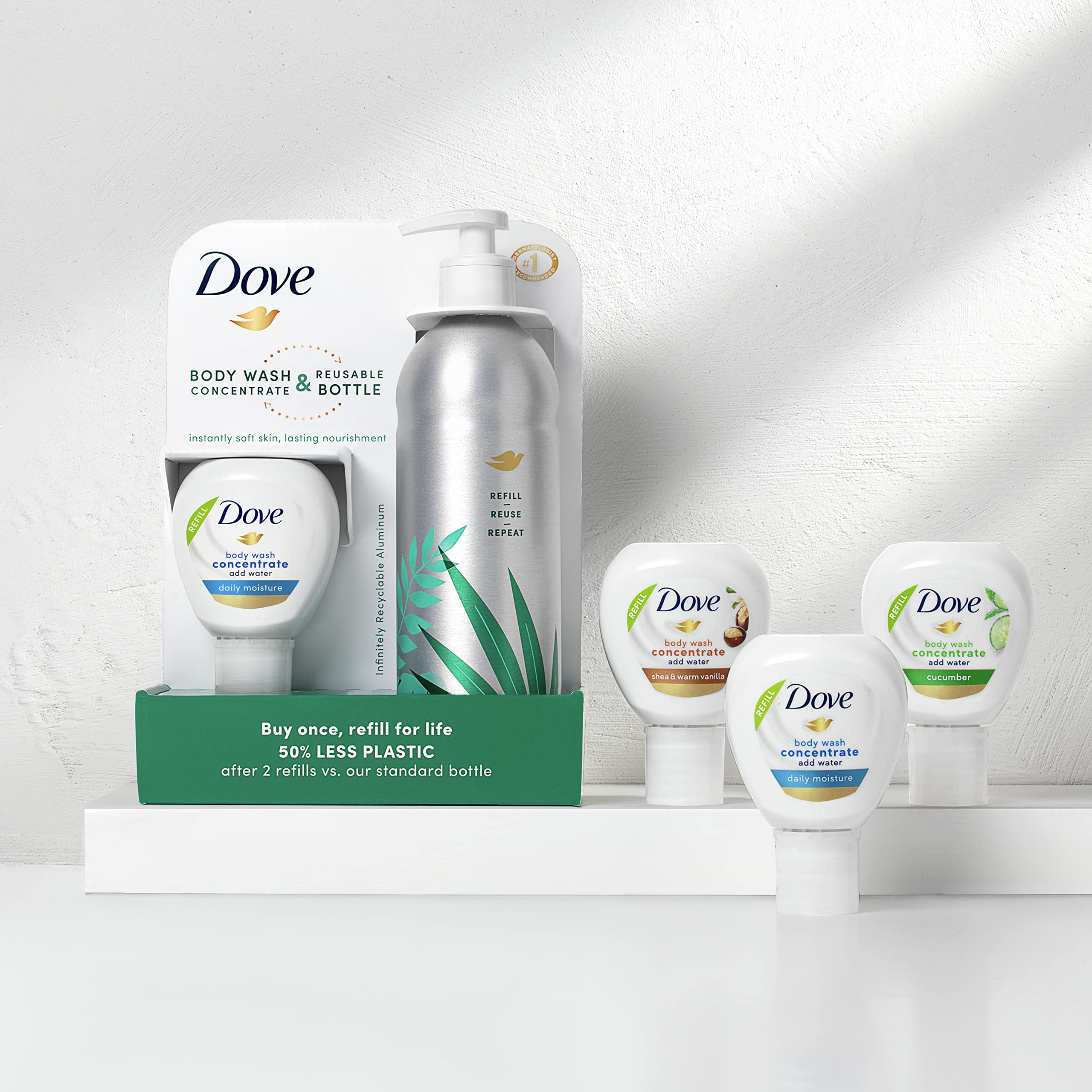 Fragancia pepino del concentrado Dove para una experiencia fresca.