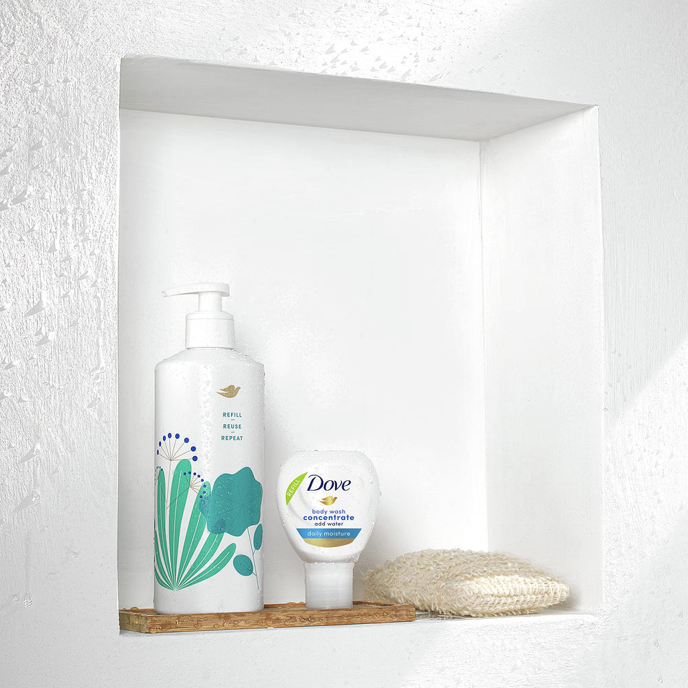 Dove Concentrate Refill water-addition step activates a moisturising formula for soft skin.