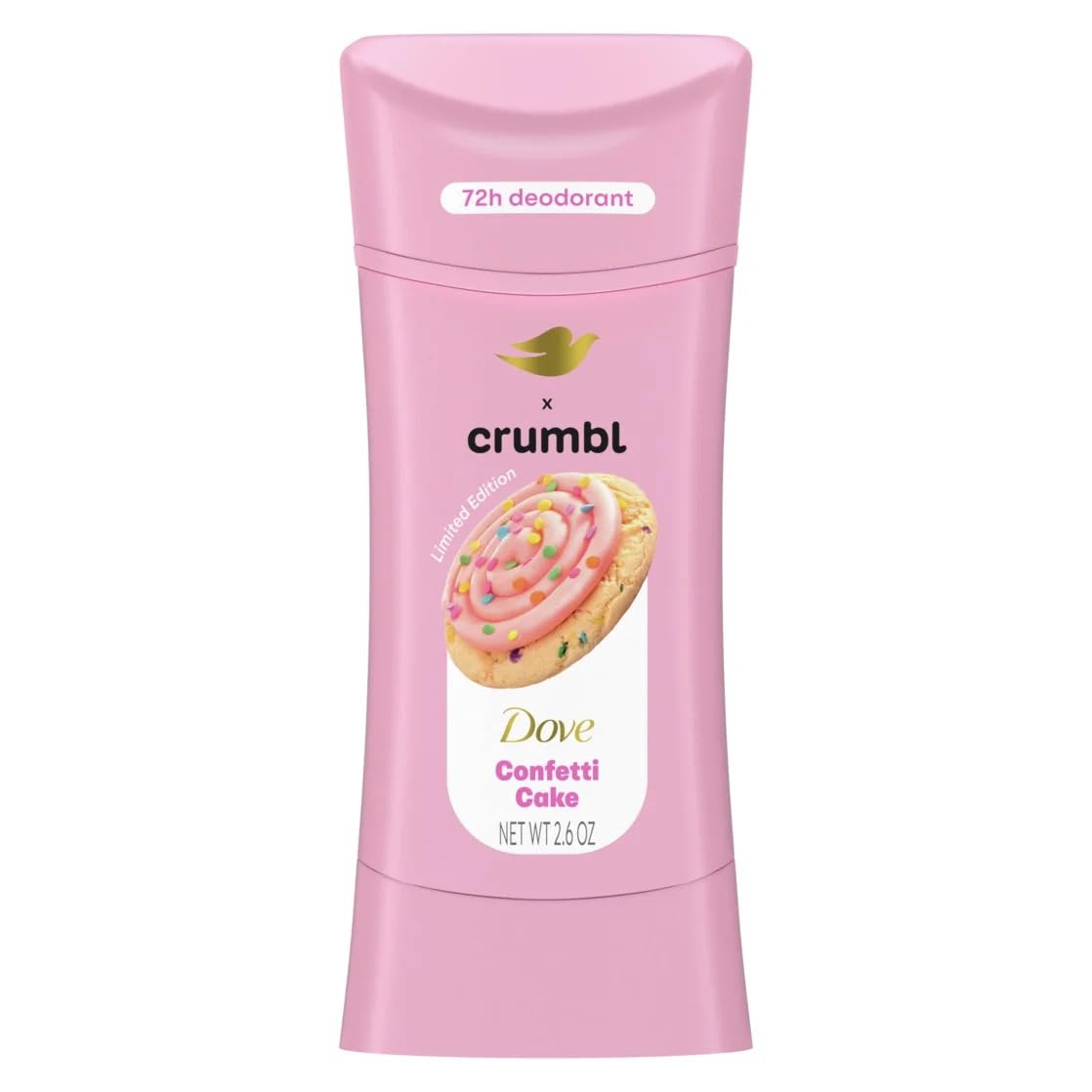 Dove Crumbl Confetti Cake body lotion tube emphasizing long-lasting moisture.