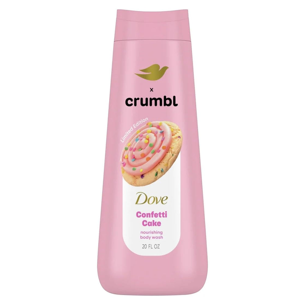 Dove Crumbl Confetti Cake body scrub jar promoting exfoliation and soft skin.