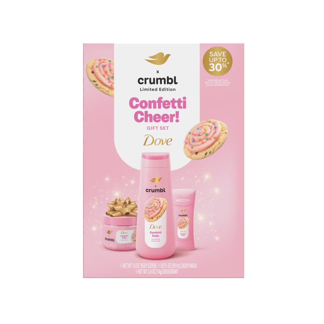 Dove Crumbl Confetti Cake body wash bottle highlighting sweet scent for daily pampering.