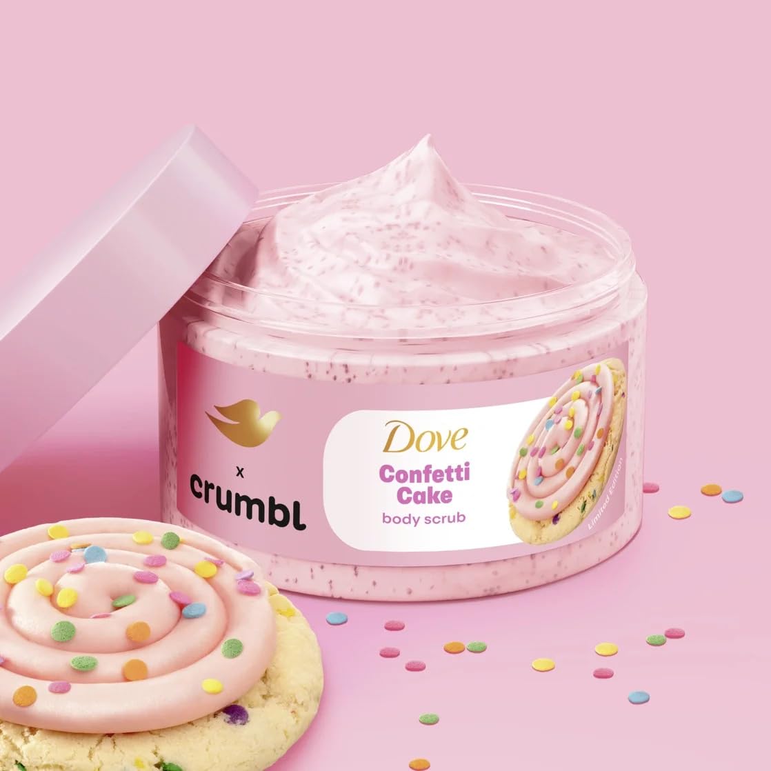 Dove Crumbl Confetti Cake packaging artwork evokes celebration and gifting vibe.