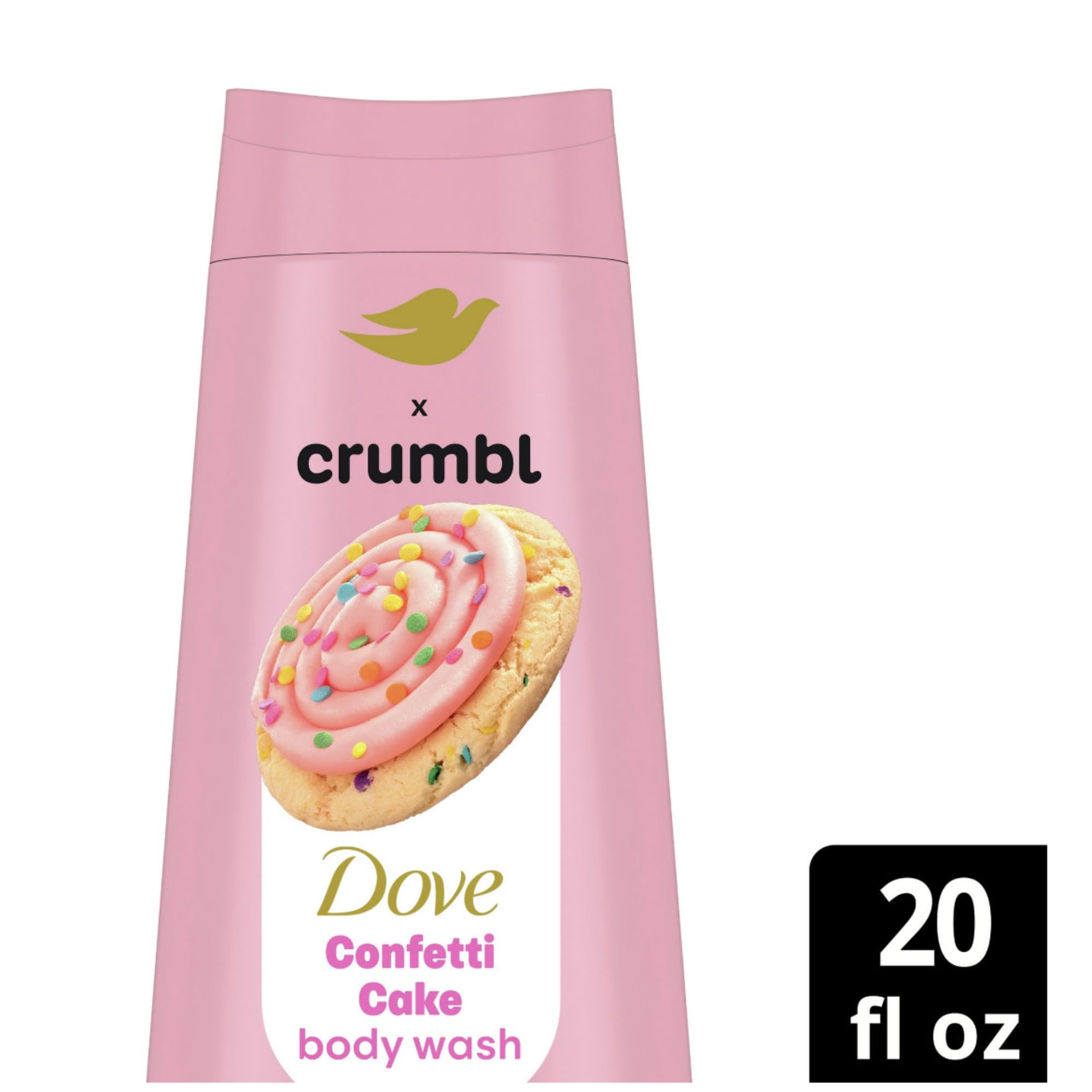 Dove Crumbl Confetti Cake scrub 15oz bottle highlights gentle exfoliation for glowing skin.