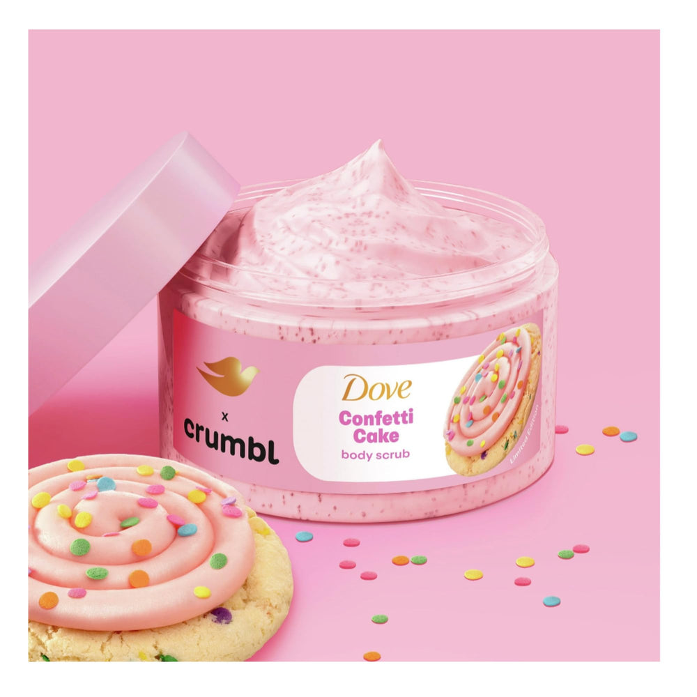 Dove Crumbl Confetti Cake bottles on sink illustrating daily shower routine.