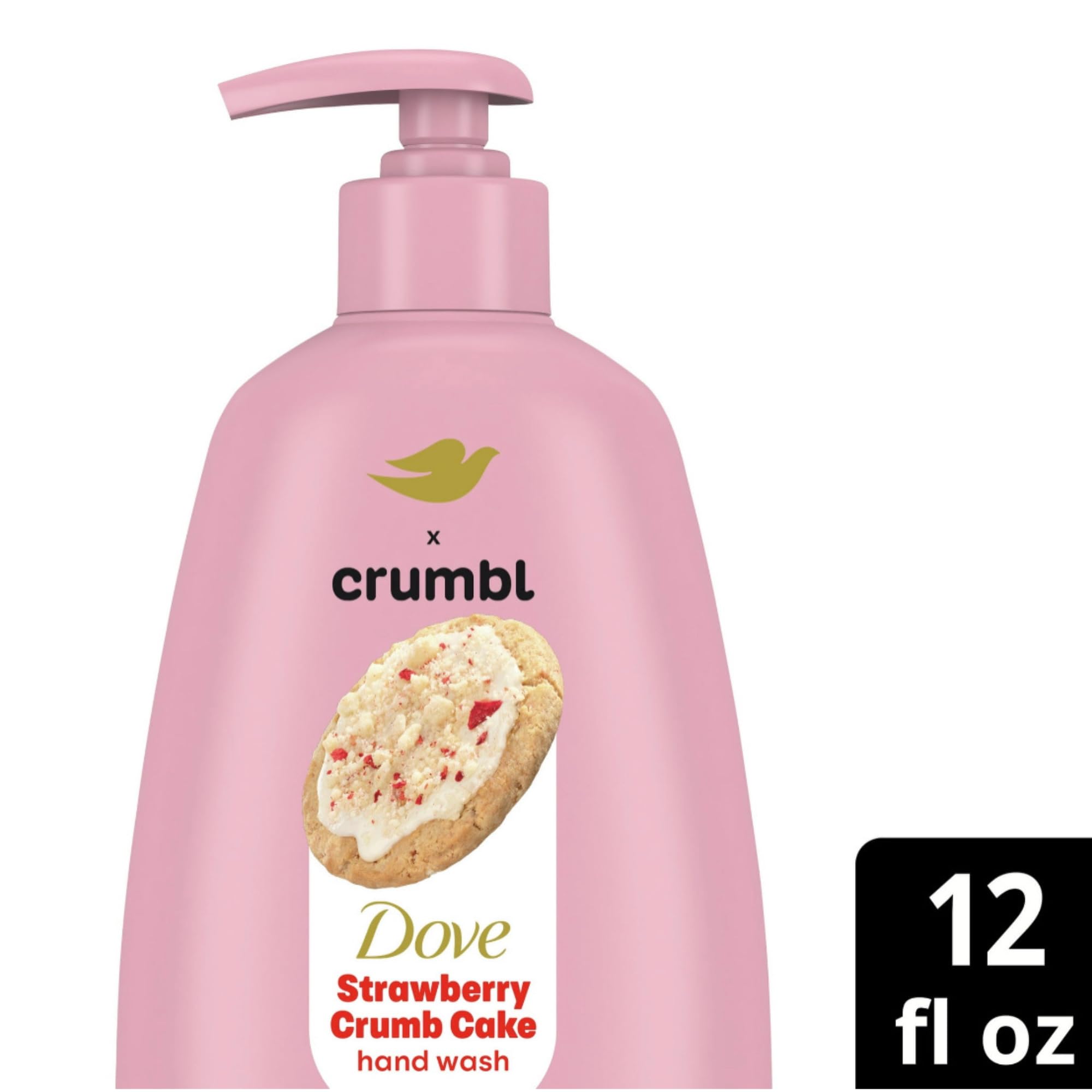 Dove Crumbl hand wash strawberry crumb cake scent closeup with enticing aroma