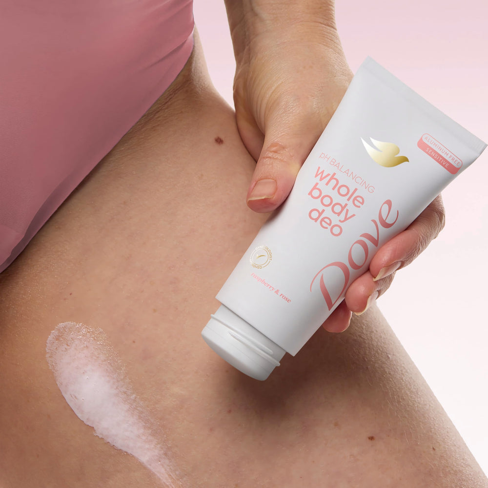 Dove deodorant cream application swatch demonstrates smooth, gentle full-body use.