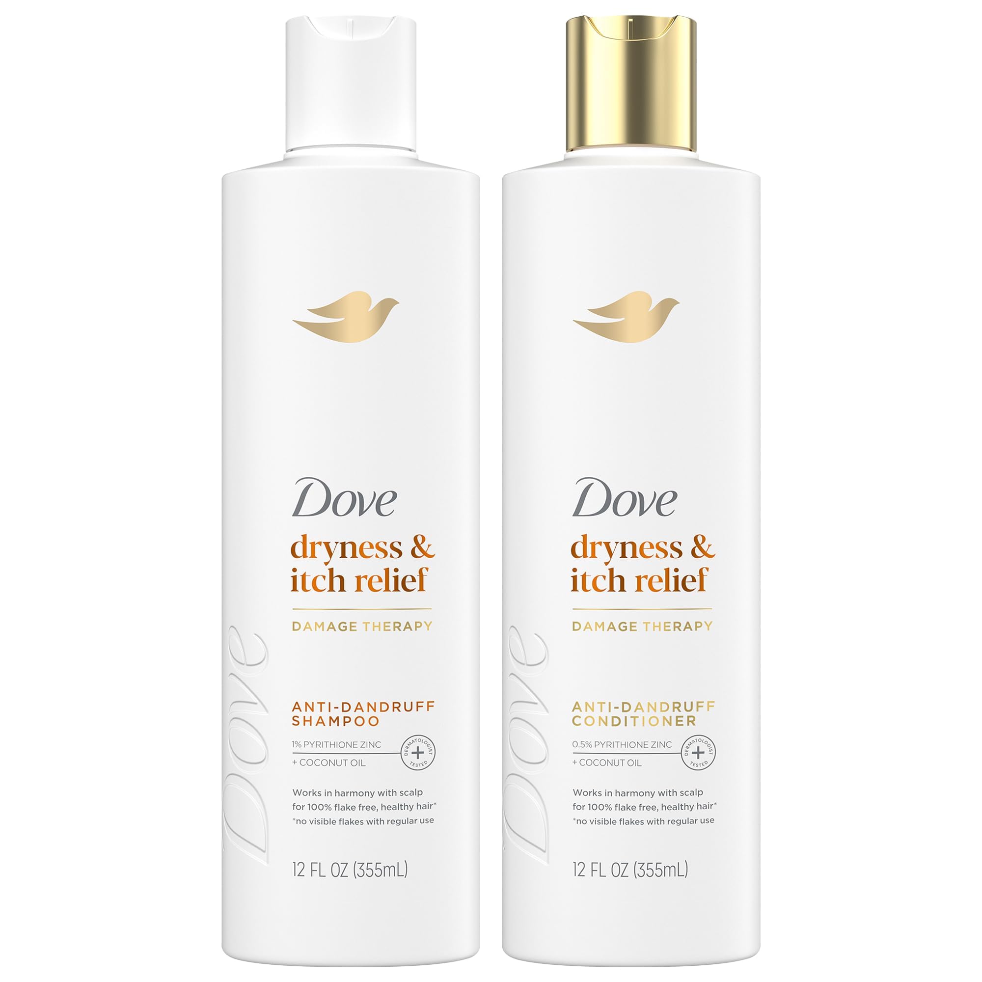Dove DermaCare Shampoo bottle closeup showcases soothing scalp relief and anti-dandruff action.