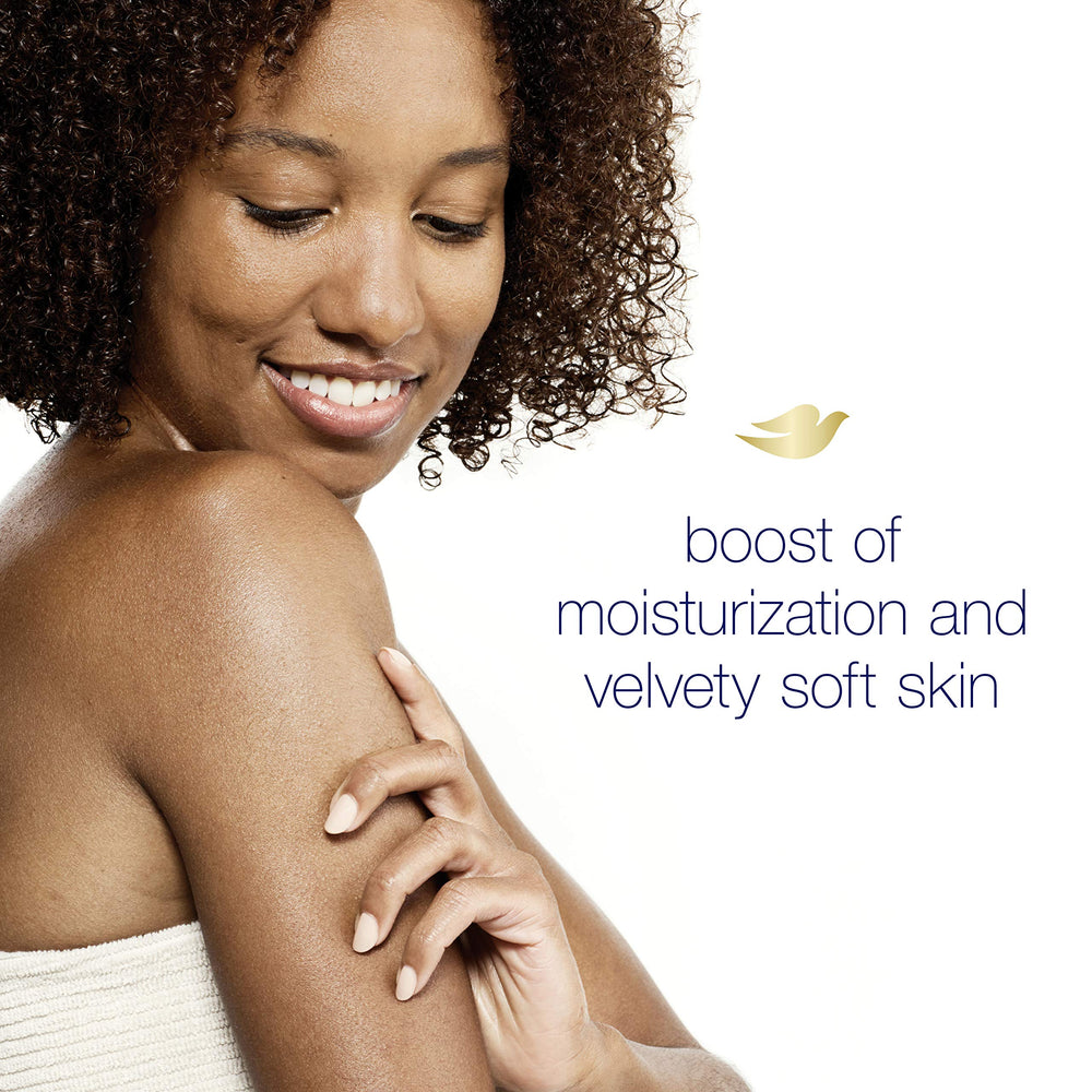 Dove dermatologist-recommended badge reinforces trusted cleansing for sensitive skin.