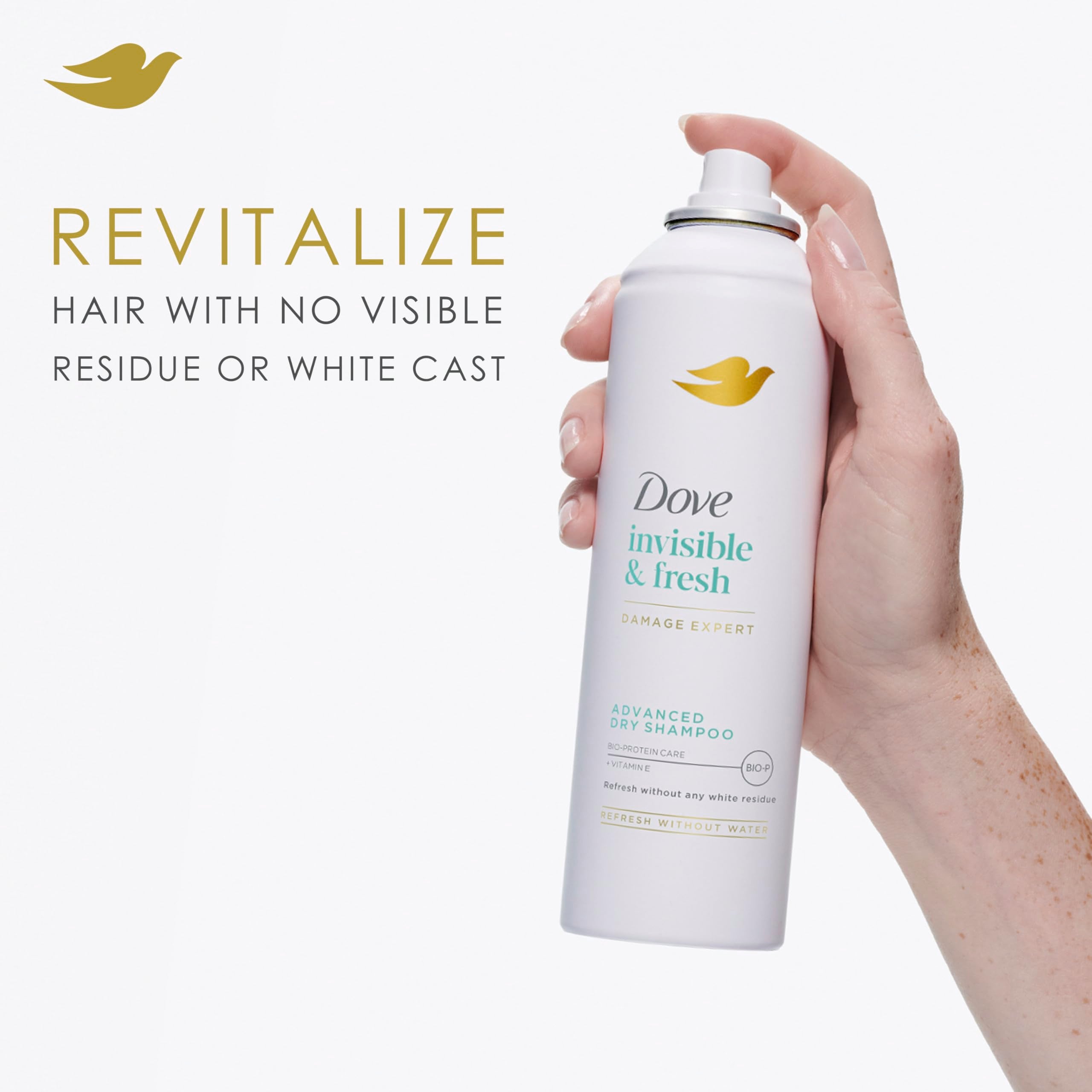 Dove Dry Shampoo shown applying without visible white residue on hair