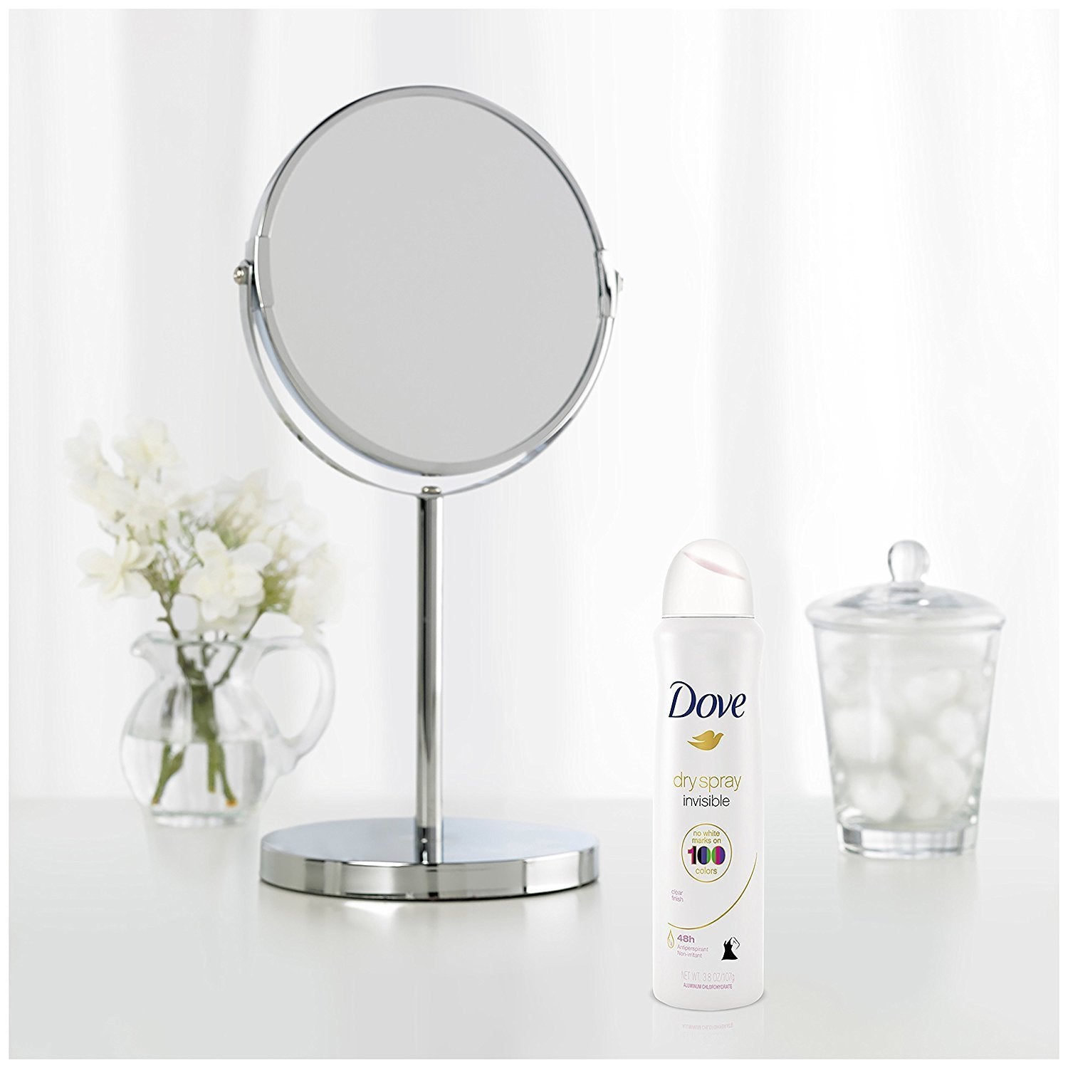 Dove Dry Spray can-label close-up highlights clear finish and no white marks