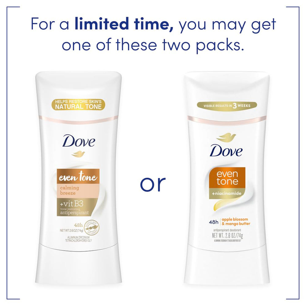 Dove Even Tone formula with niacinamide and ceramides for underarm care.