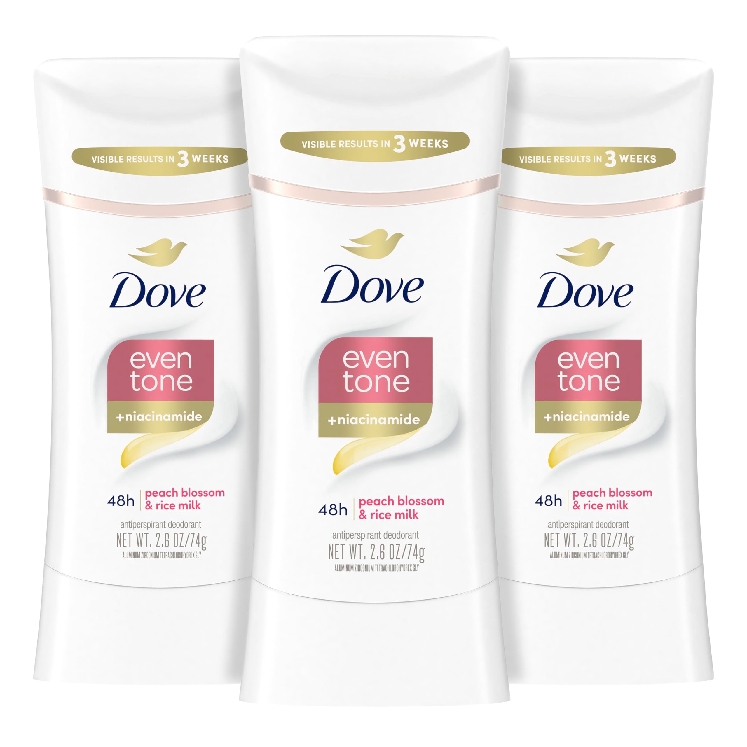 Dove Even Tone peach blossom stick application shows a smooth glide for everyday freshness.