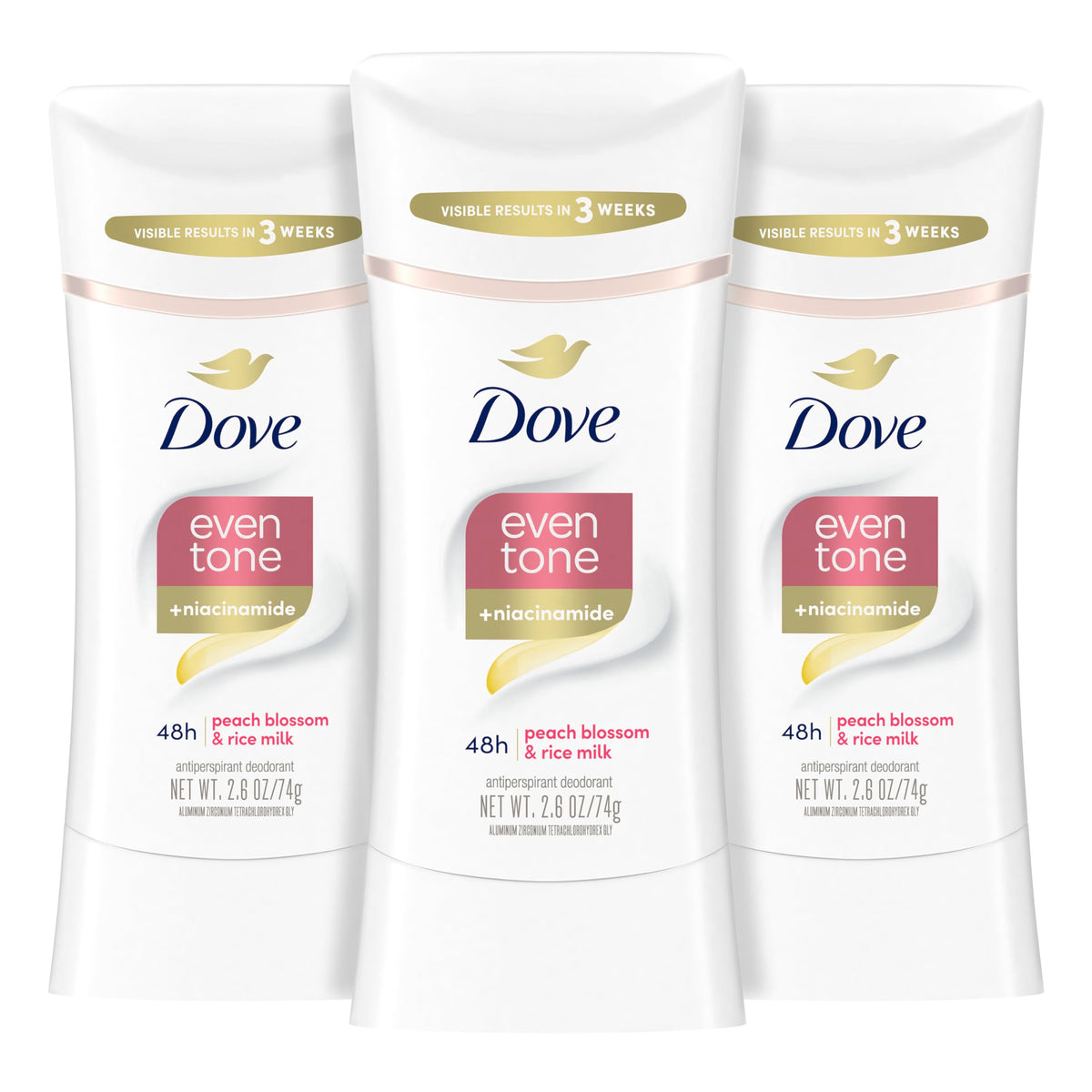 Dove Even Tone peach blossom stick application shows a smooth glide for everyday freshness.