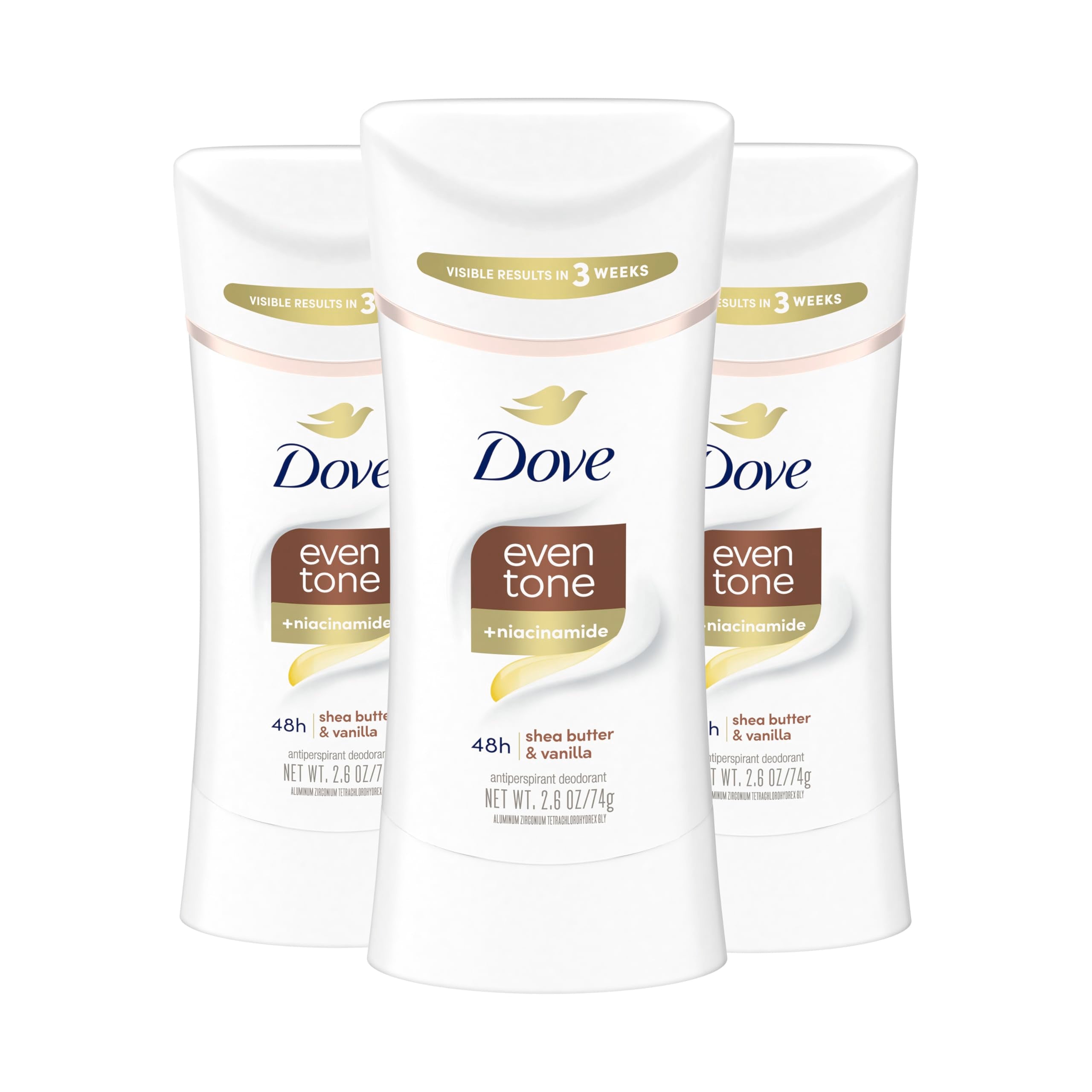 Dove Even Tone Shea Butter Vanilla stick front view showing a three-pack packaging.