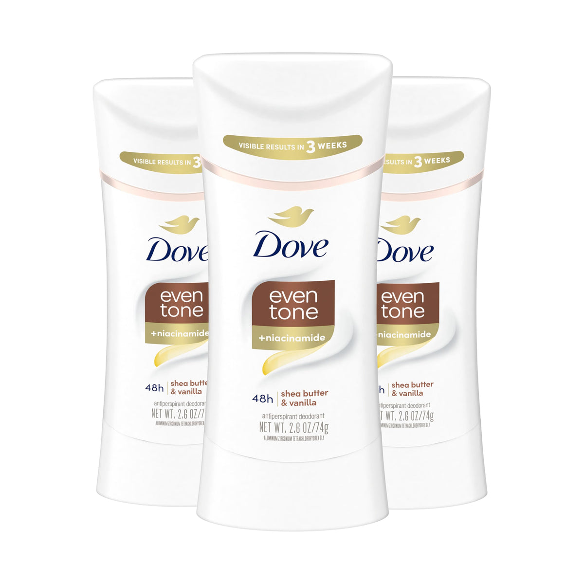 Dove Even Tone Shea Butter Vanilla stick front view showing a three-pack packaging.
