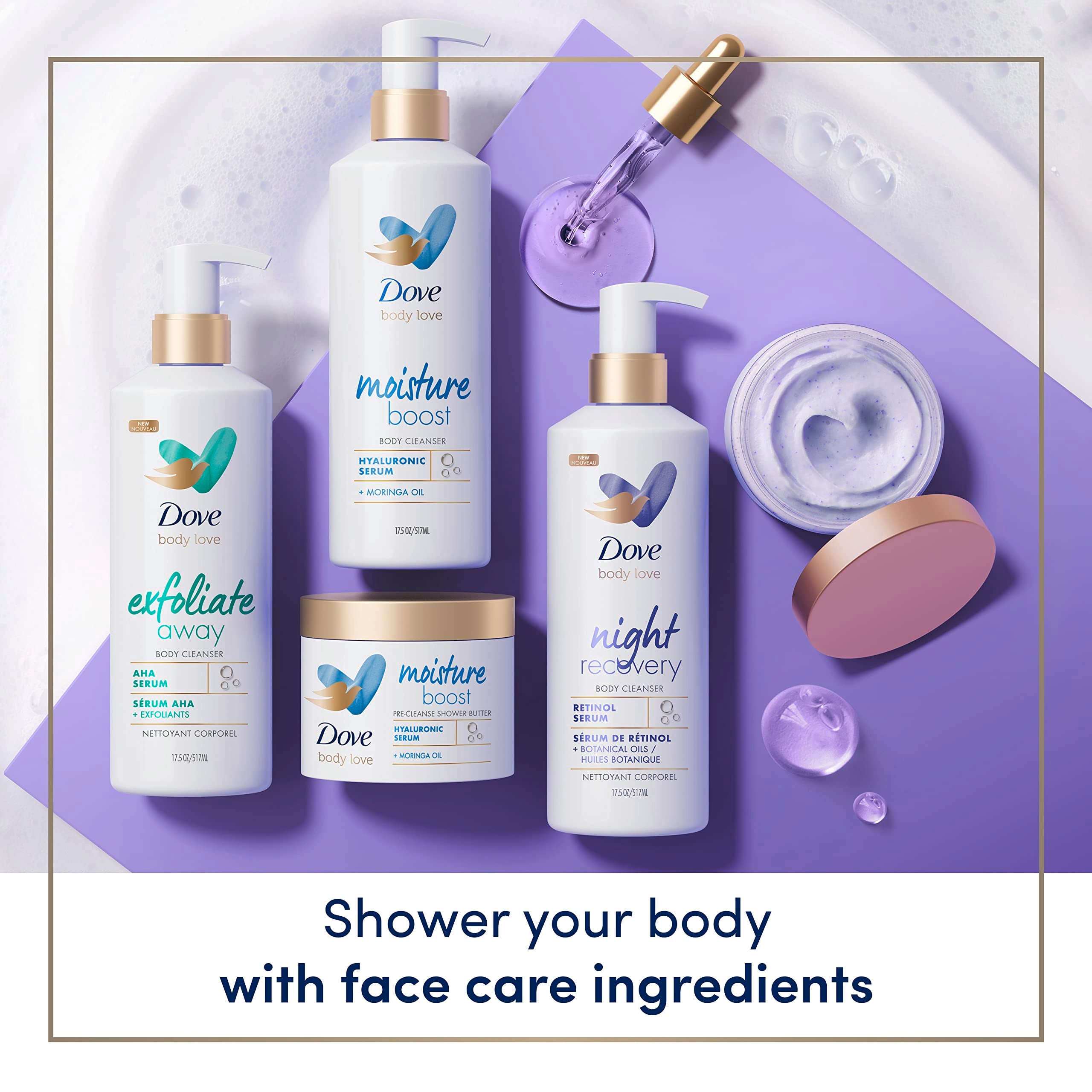 Dove Exfoliate Away Body Polish after-use glow highlights silky-smooth skin.