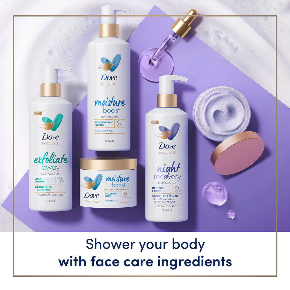 Dove Exfoliate Away Body Polish after-use glow highlights silky-smooth skin.