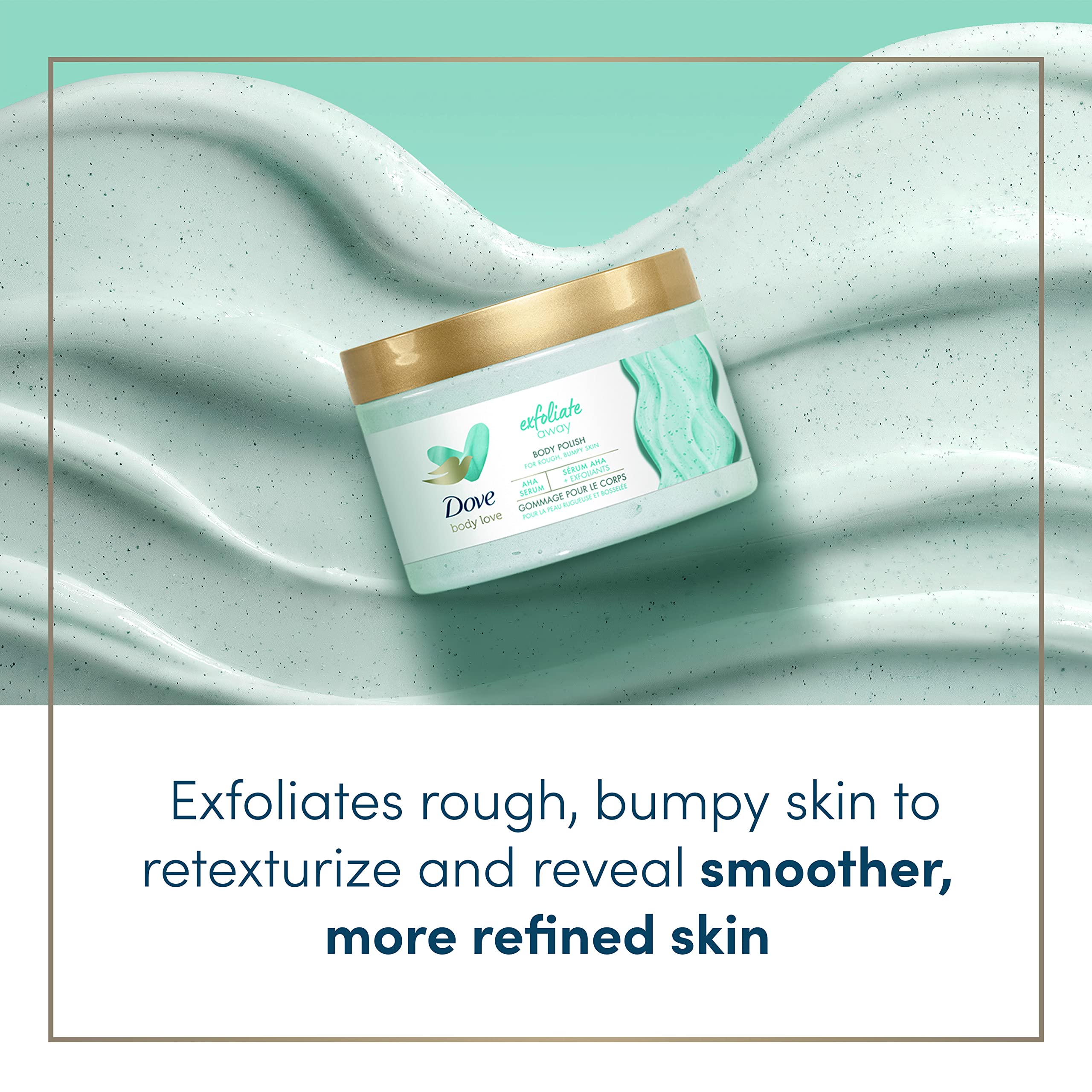 Dove Exfoliate Away Body Polish in shower demonstrates in-shower moisture infusion.