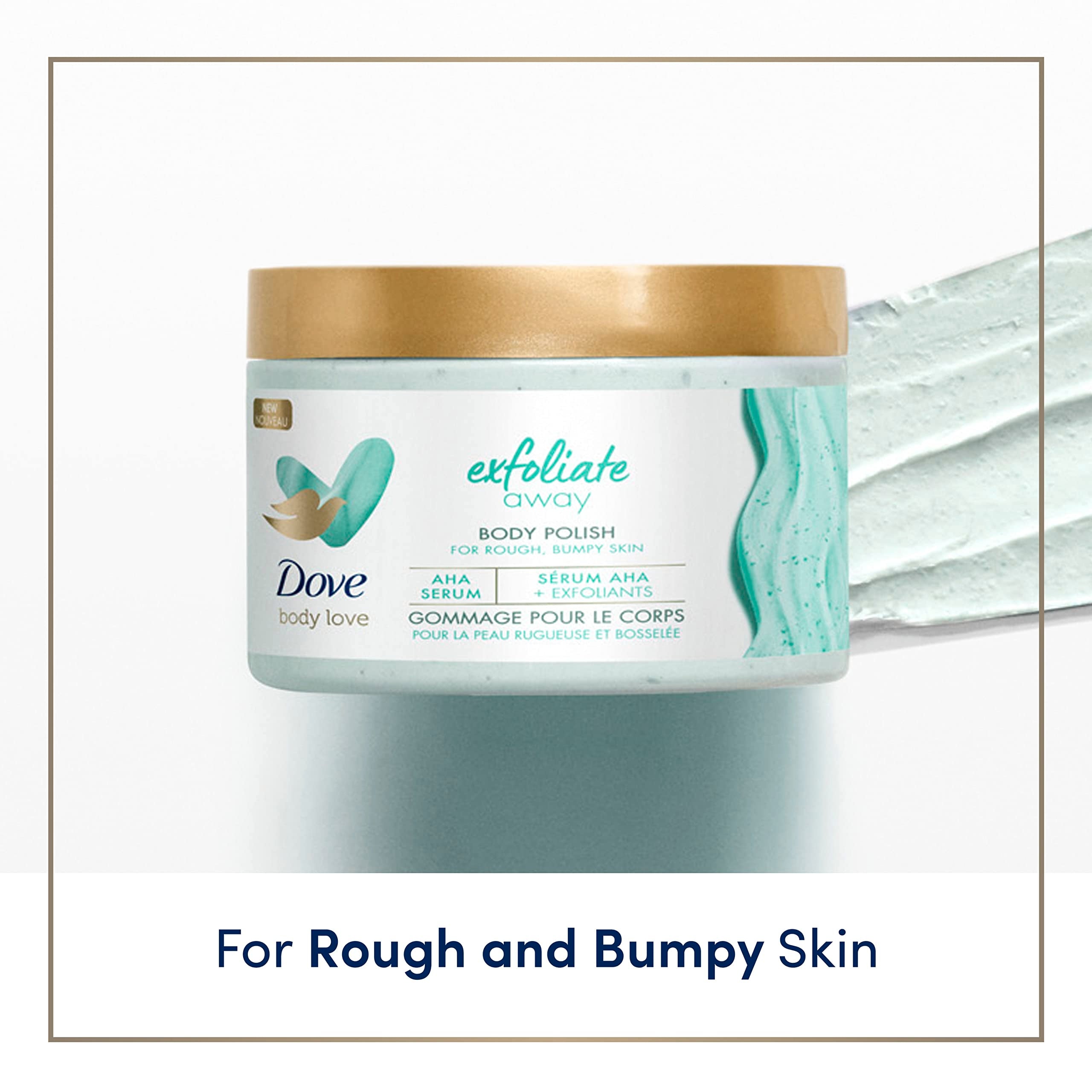 Dove Exfoliate Away Body Polish ingredient close-up emphasizes plant-based cleansers.