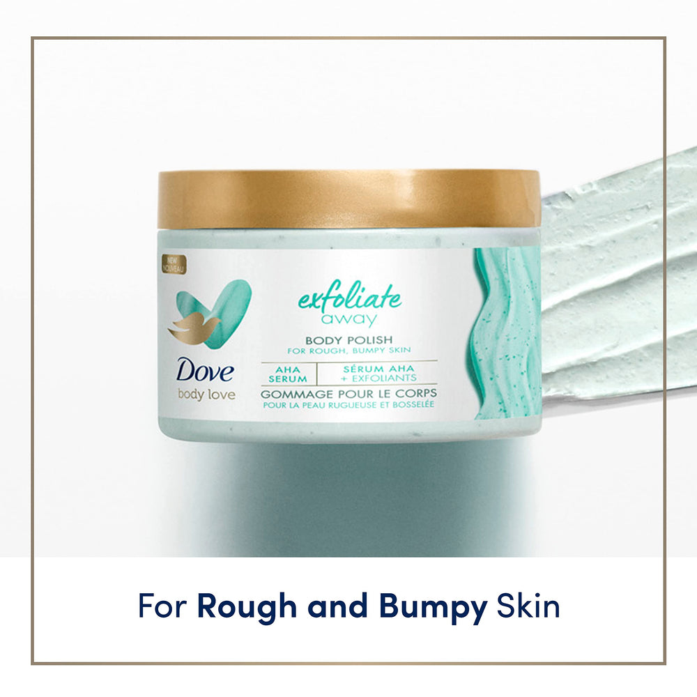Dove Exfoliate Away Body Polish ingredient close-up emphasizes plant-based cleansers.