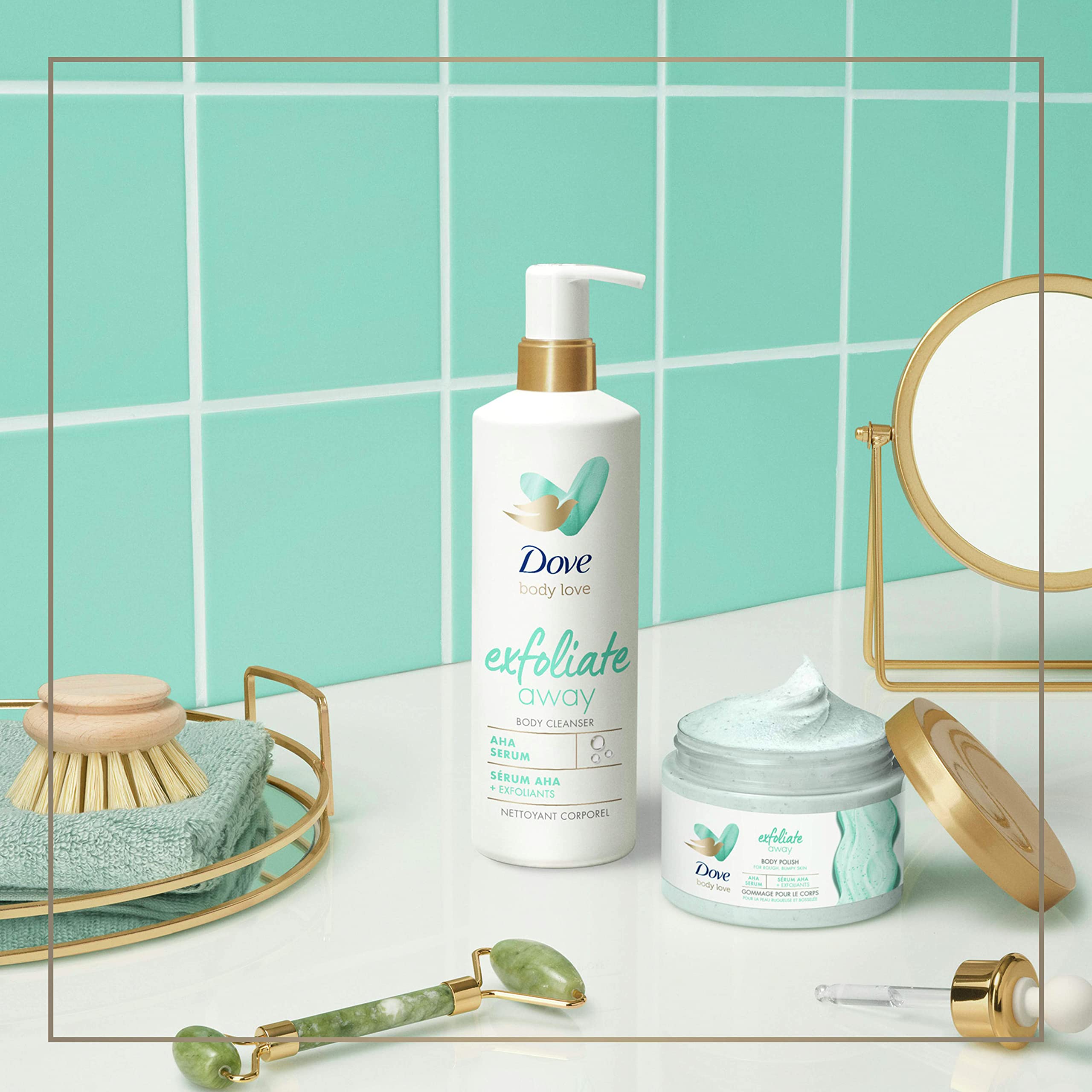 Dove Exfoliate Away Body Polish recycled packaging highlights eco-friendly messaging.