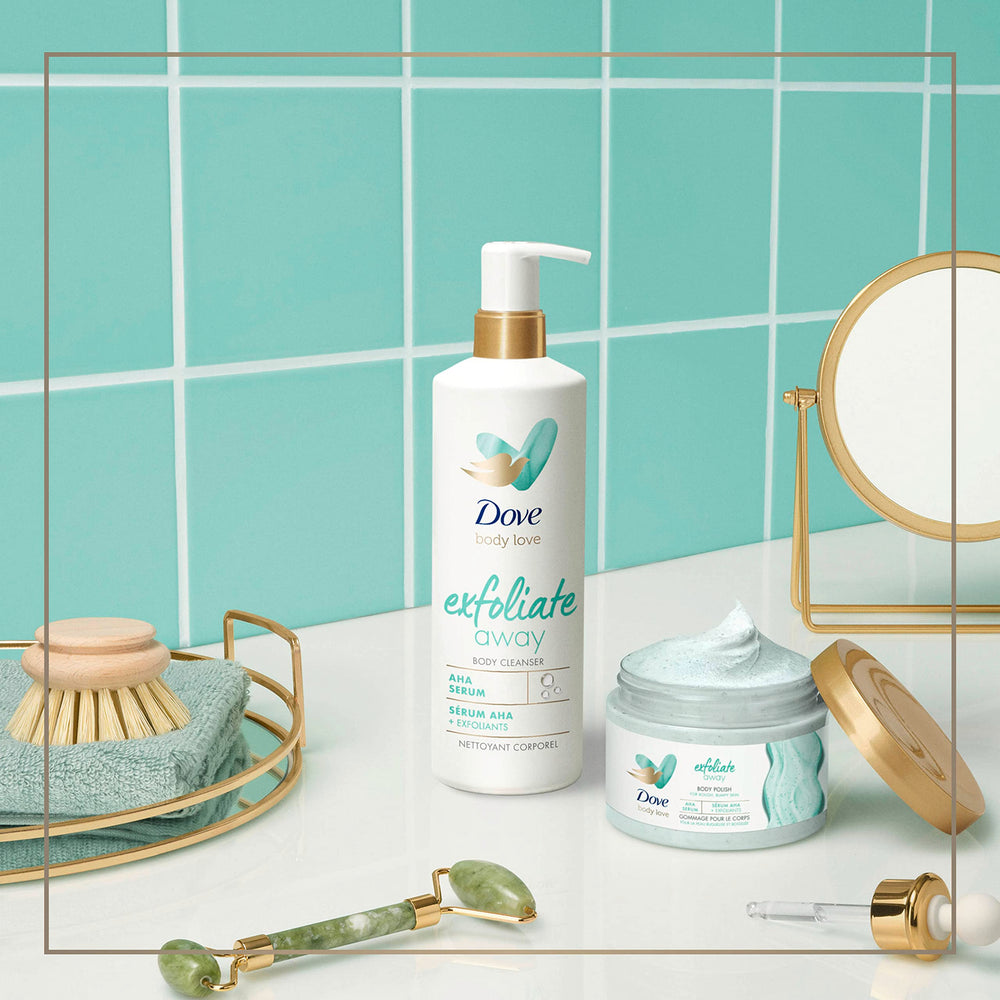 Dove Exfoliate Away Body Polish recycled packaging highlights eco-friendly messaging.