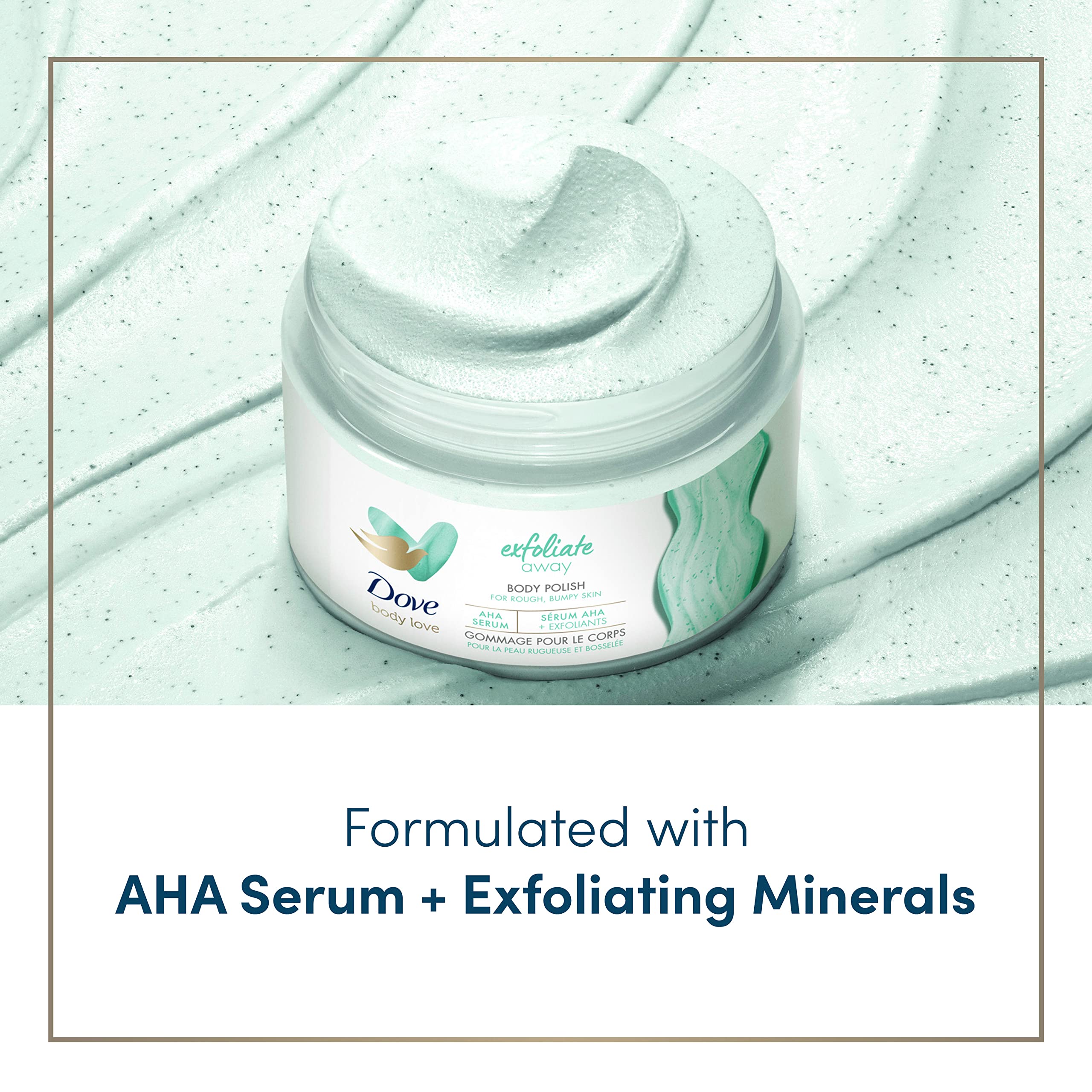 Dove Exfoliate Away Body Polish beads close-up show gentle exfoliation for smoother skin.