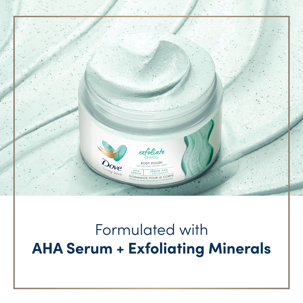 Dove Exfoliate Away Body Polish beads close-up show gentle exfoliation for smoother skin.