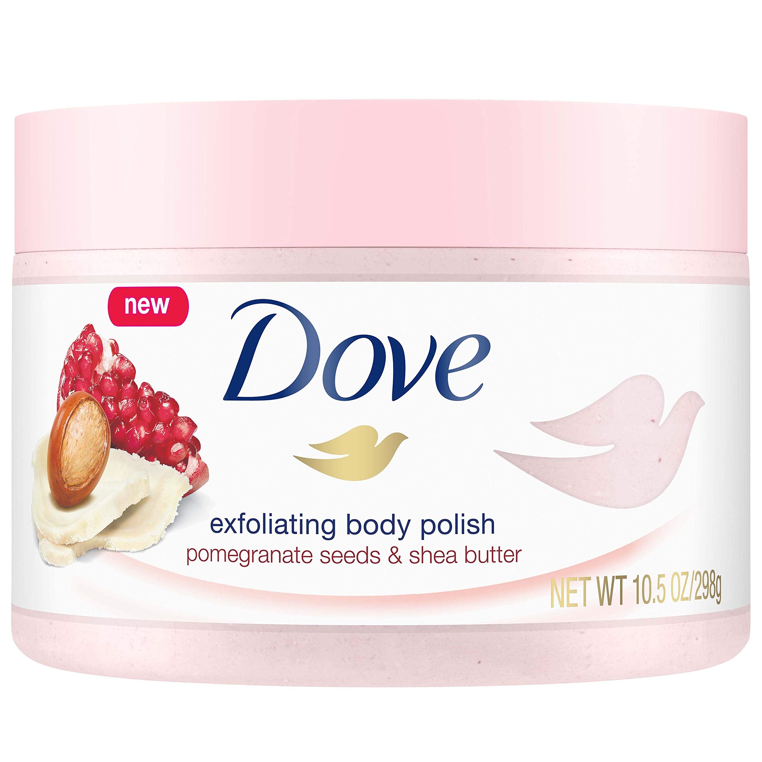 Closer view of Dove Exfoliating Body Polish jar with pomegranate-shea butter for silky skin