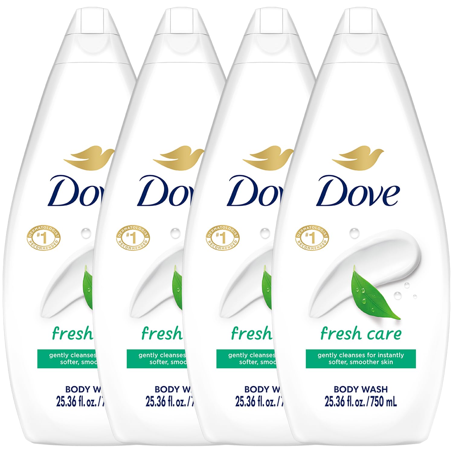 Dove Fresh Care body wash bottle front—value 4-pack for softer, moisturized skin.