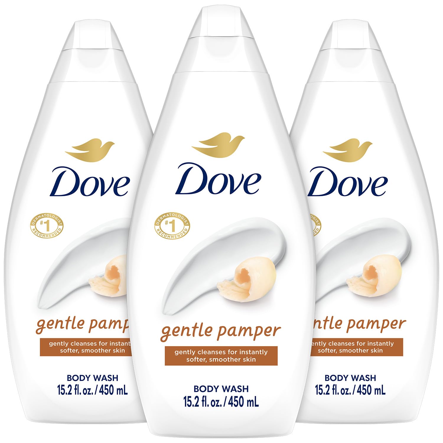 Dove Gentle Pamper Body Wash bottle with warm vanilla scent for hydrating cleanse.