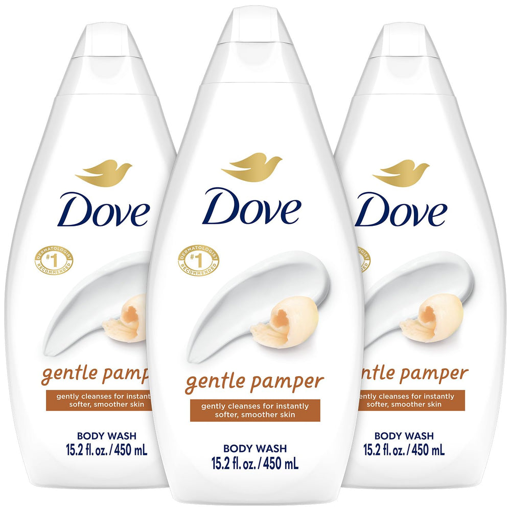 Dove Gentle Pamper Body Wash bottle with warm vanilla scent for hydrating cleanse.