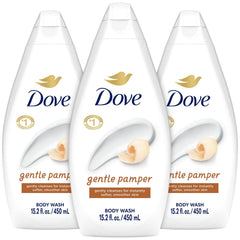 Dove Gentle Pamper Body Wash bottle with warm vanilla scent for hydrating cleanse.